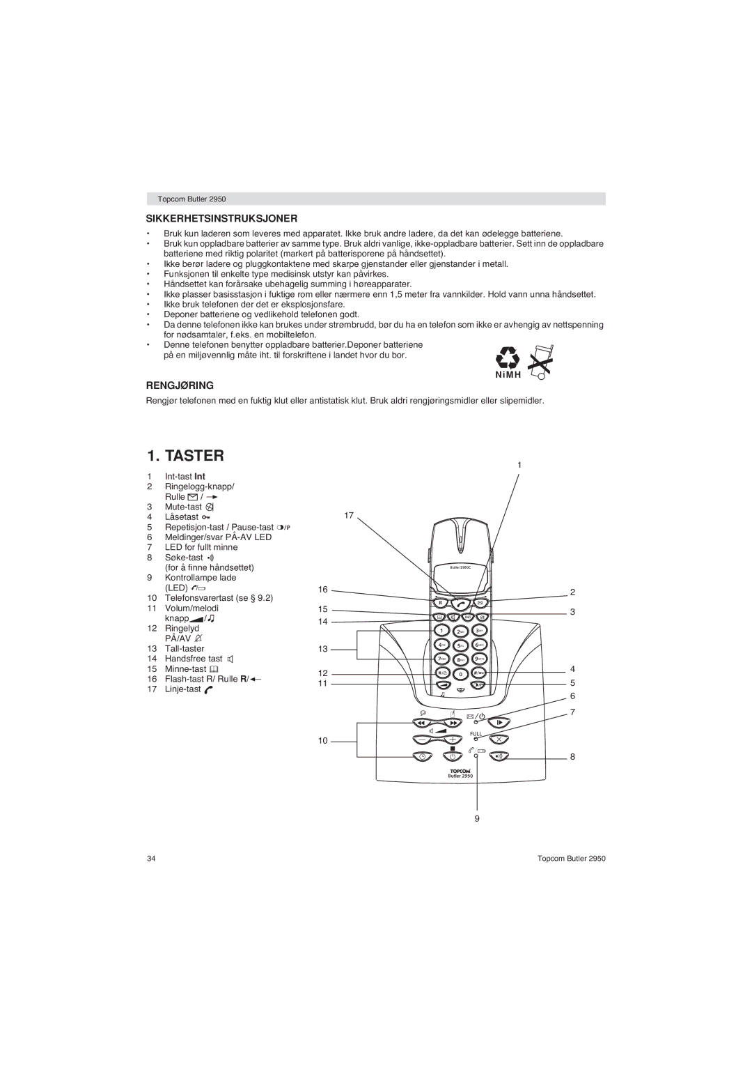 Topcom 2950 user manual Sikkerhetsinstruksjoner, Rengjøring 