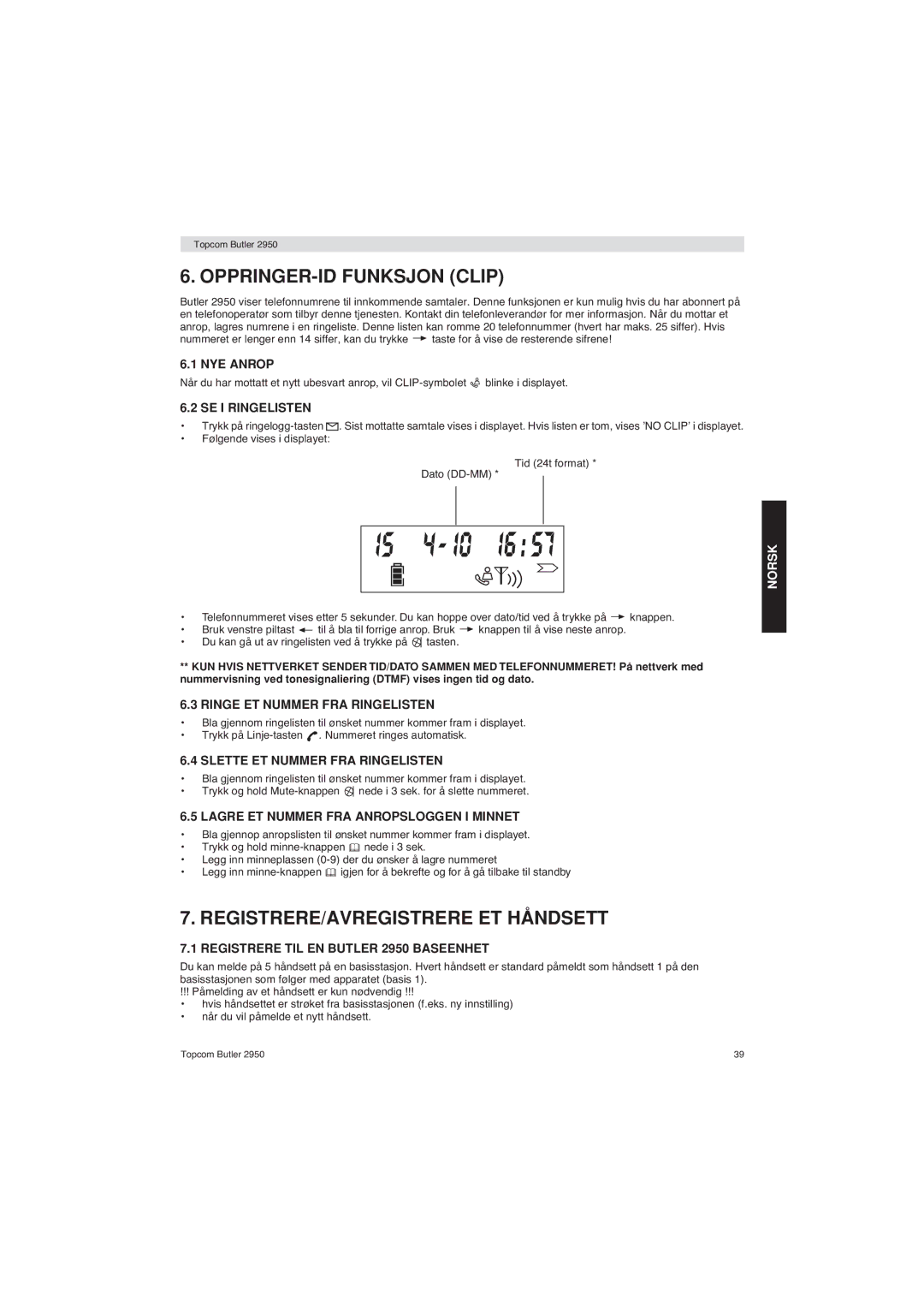 Topcom 2950 user manual OPPRINGER-ID Funksjon Clip, REGISTRERE/AVREGISTRERE ET Håndsett 