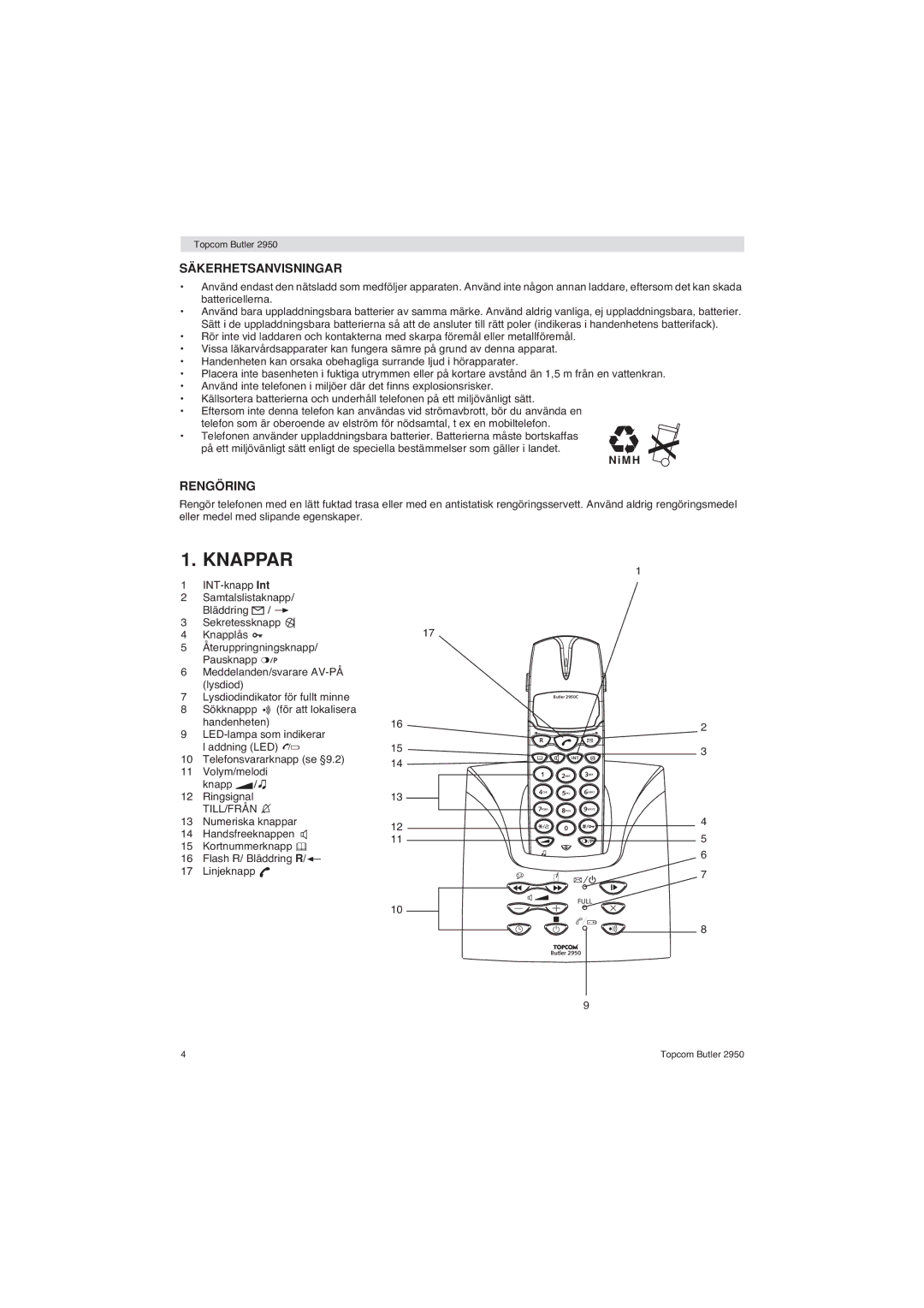 Topcom 2950 user manual Knappar, Säkerhetsanvisningar, Rengöring, M H 