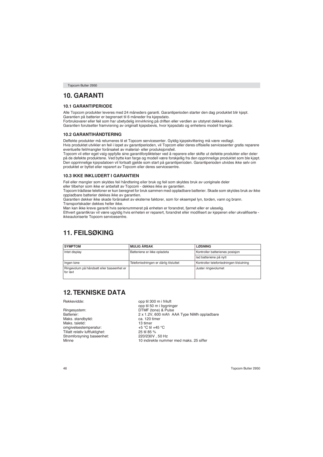 Topcom 2950 user manual Feilsøking, Garantiperiode, Garantihåndtering, Ikke Inkludert I Garantien 