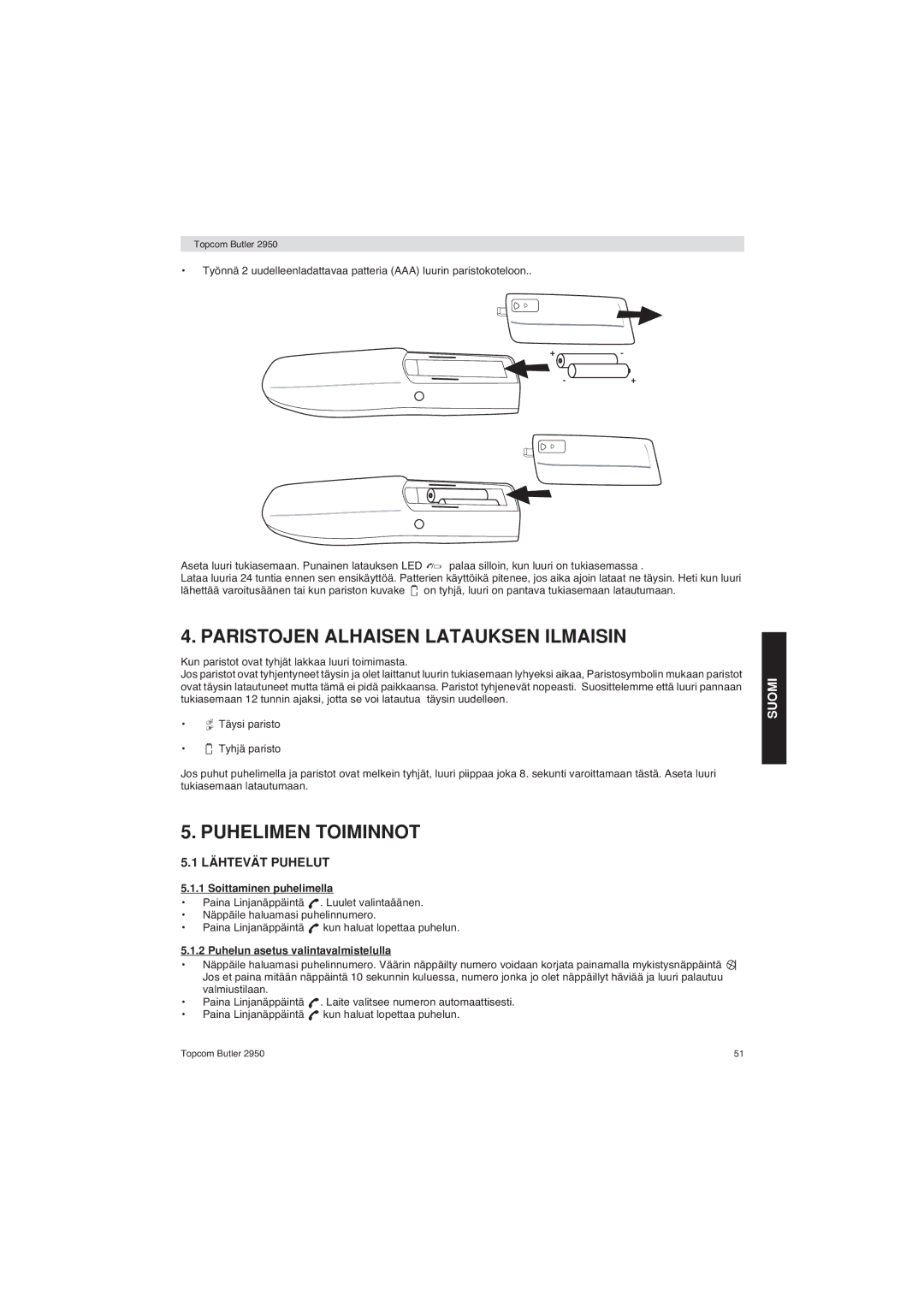 Topcom 2950 Paristojen Alhaisen Latauksen Ilmaisin, Puhelimen Toiminnot, Lähtevät Puhelut, Soittaminen puhelimella 