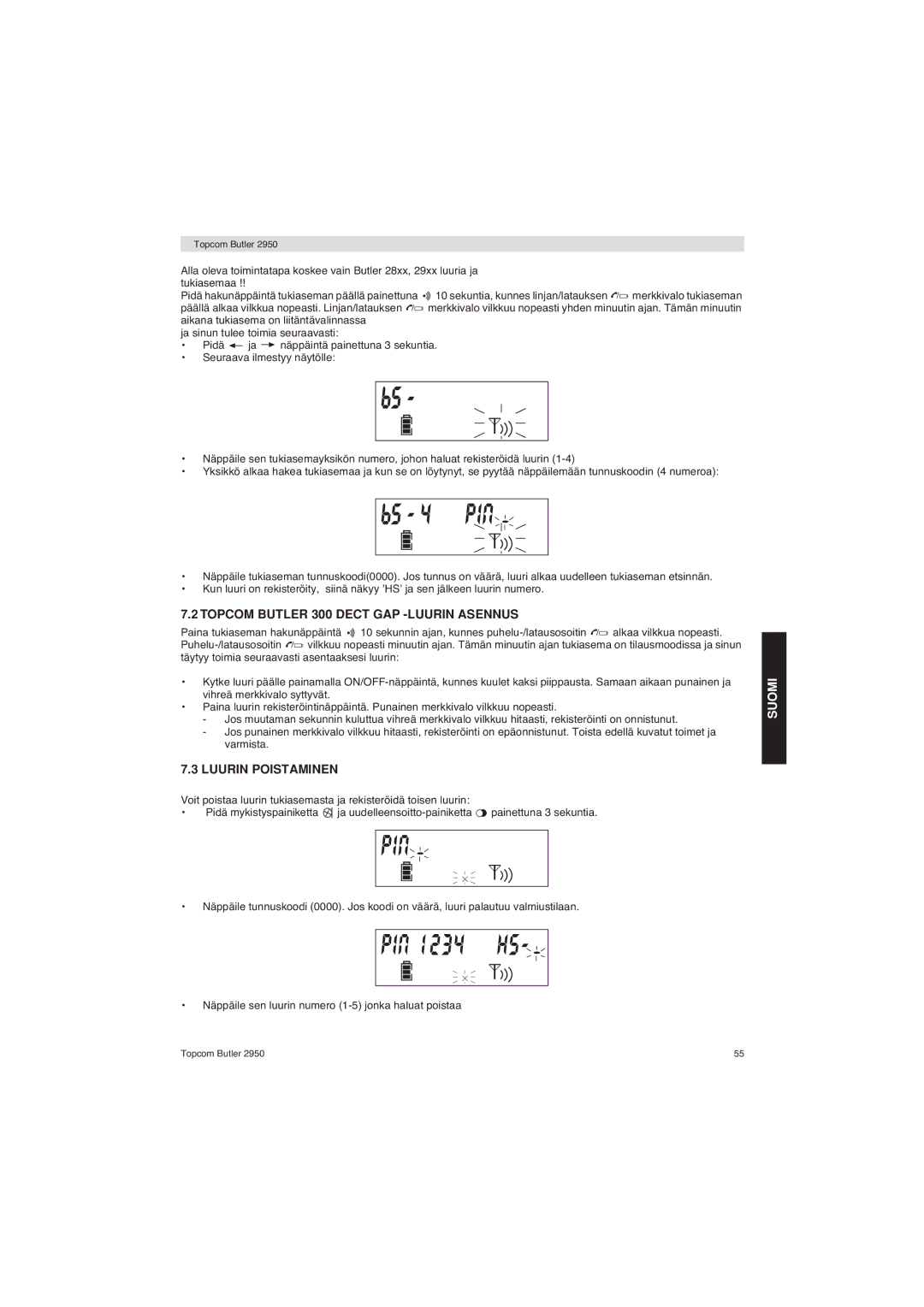 Topcom 2950 user manual Topcom Butler 300 Dect GAP -LUURIN Asennus, Luurin Poistaminen 