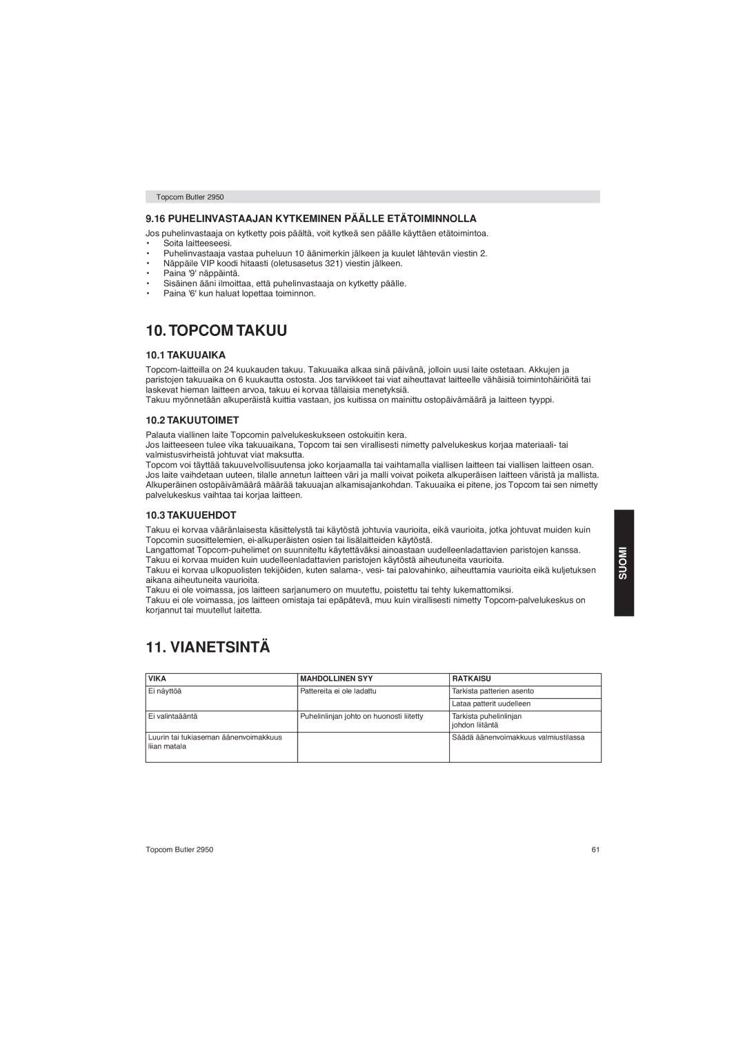 Topcom 2950 user manual Topcom Takuu, Vianetsintä 