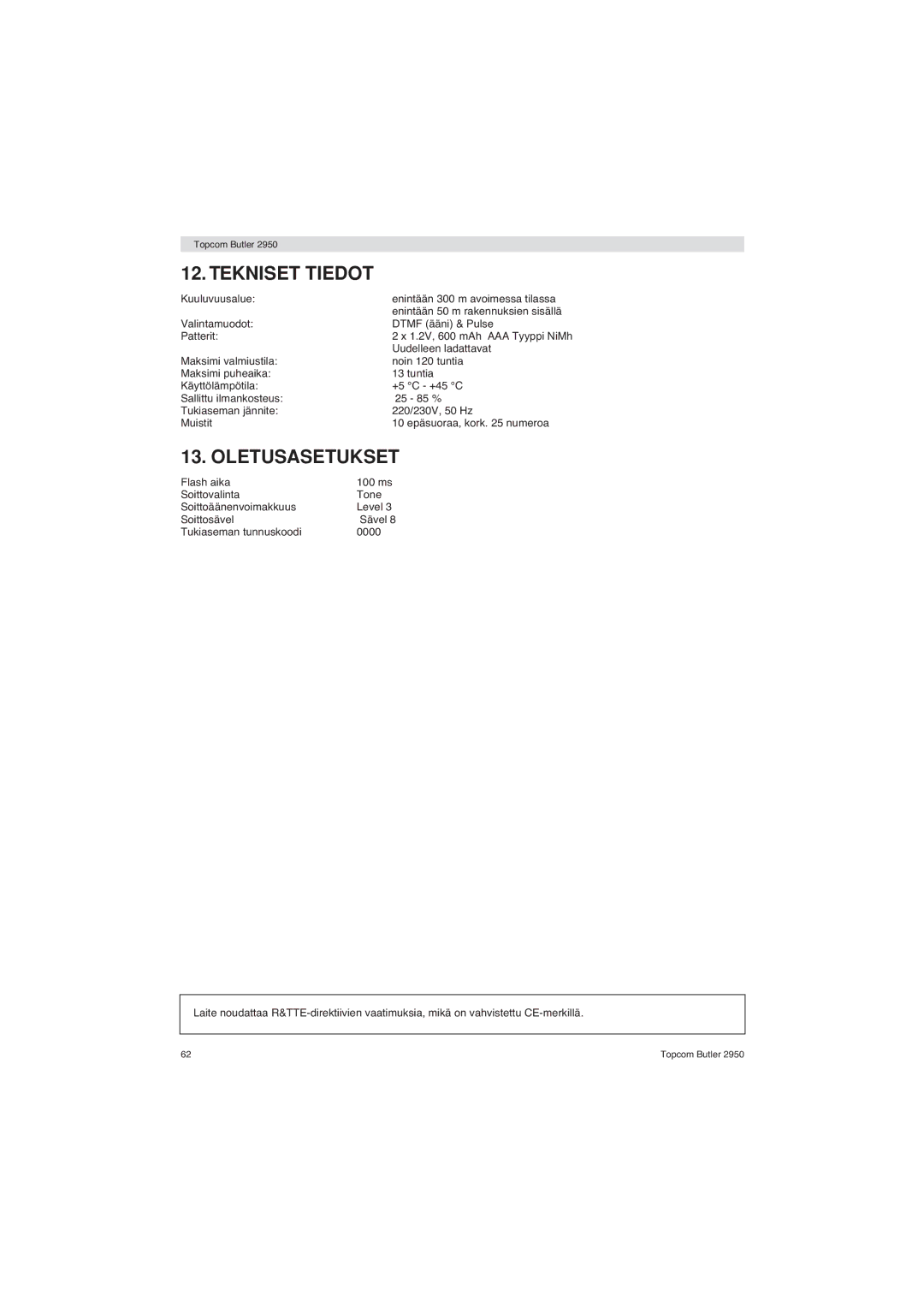 Topcom 2950 user manual Tekniset Tiedot, Oletusasetukset 