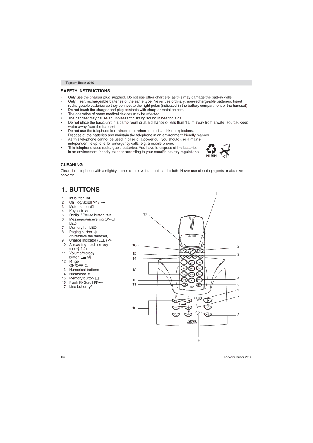 Topcom 2950 user manual Buttons, Safety Instructions, Cleaning 