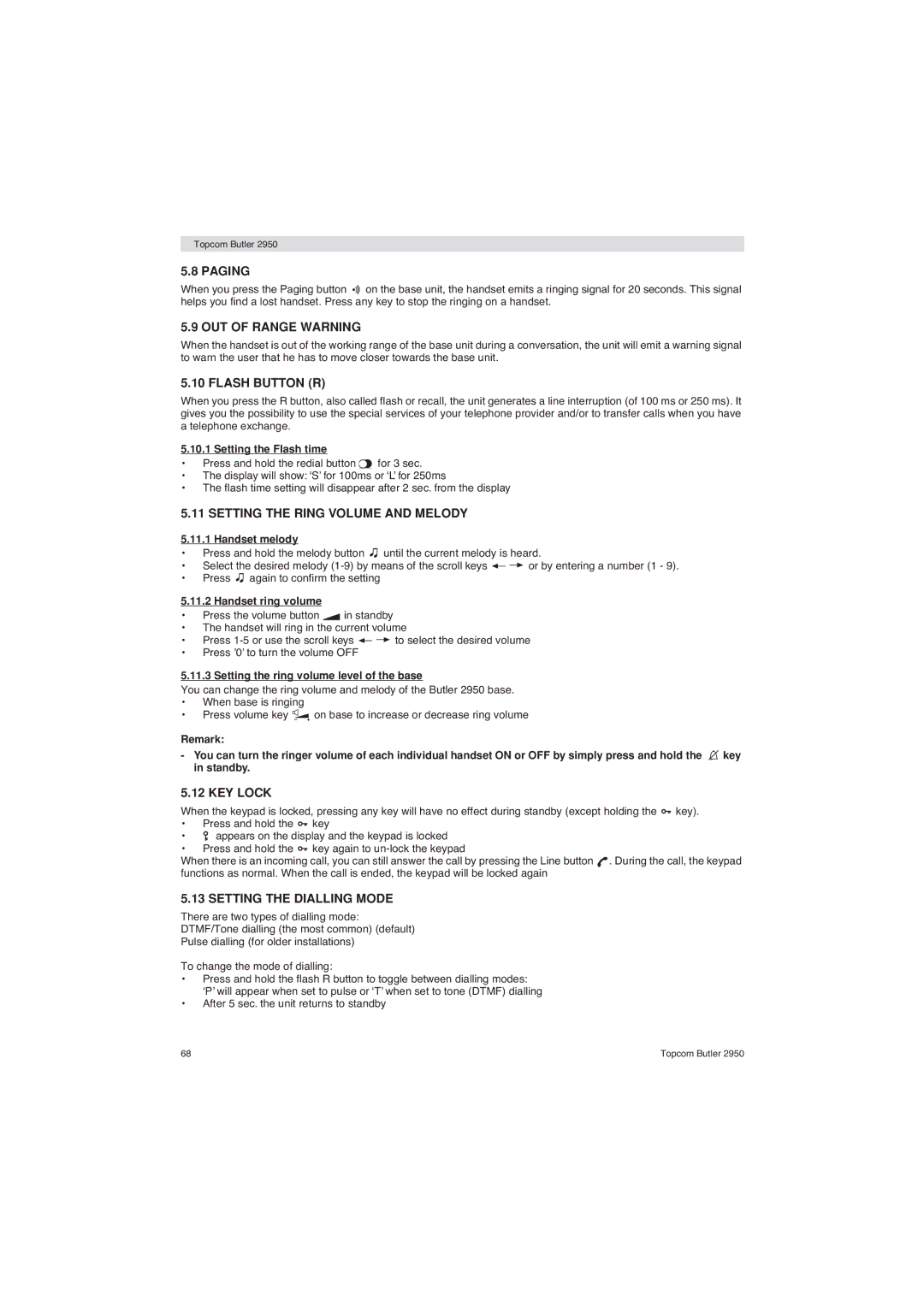 Topcom 2950 user manual Paging, OUT of Range Warning, Flash Button R, Setting the Ring Volume and Melody, KEY Lock 