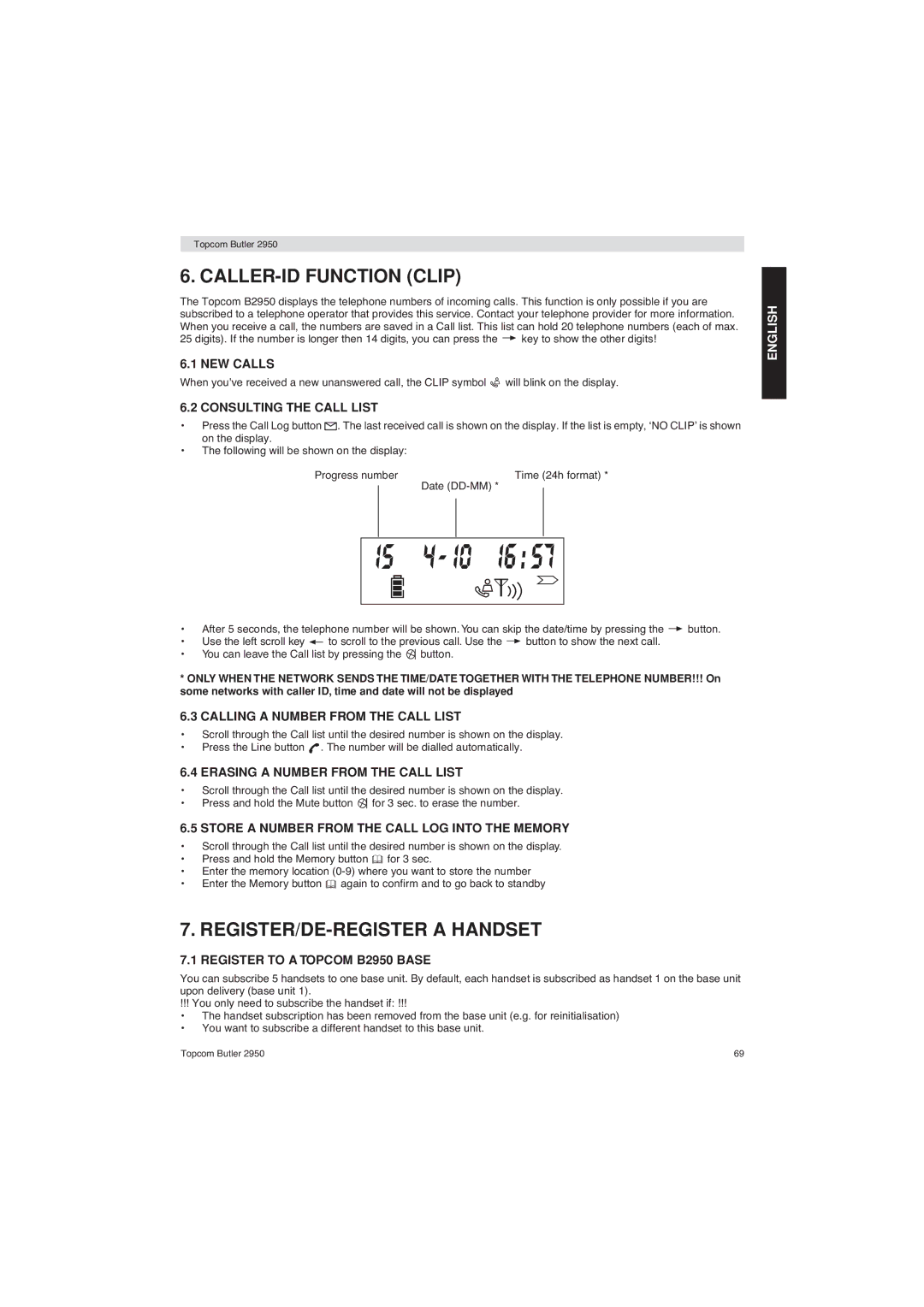 Topcom 2950 user manual CALLER-ID Function Clip, REGISTER/DE-REGISTER a Handset 