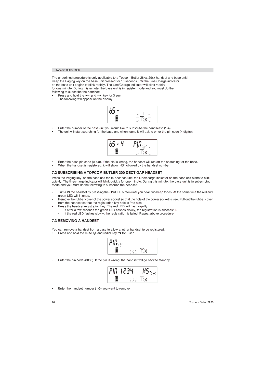 Topcom 2950 user manual Subscribing a Topcom Butler 300 Dect GAP Headset, Removing a Handset 