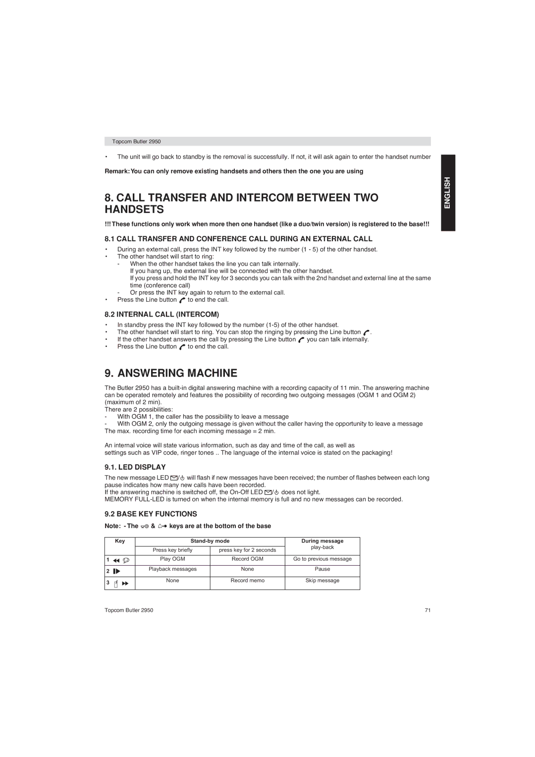 Topcom 2950 user manual Call Transfer and Intercom Between TWO Handsets, Answering Machine 