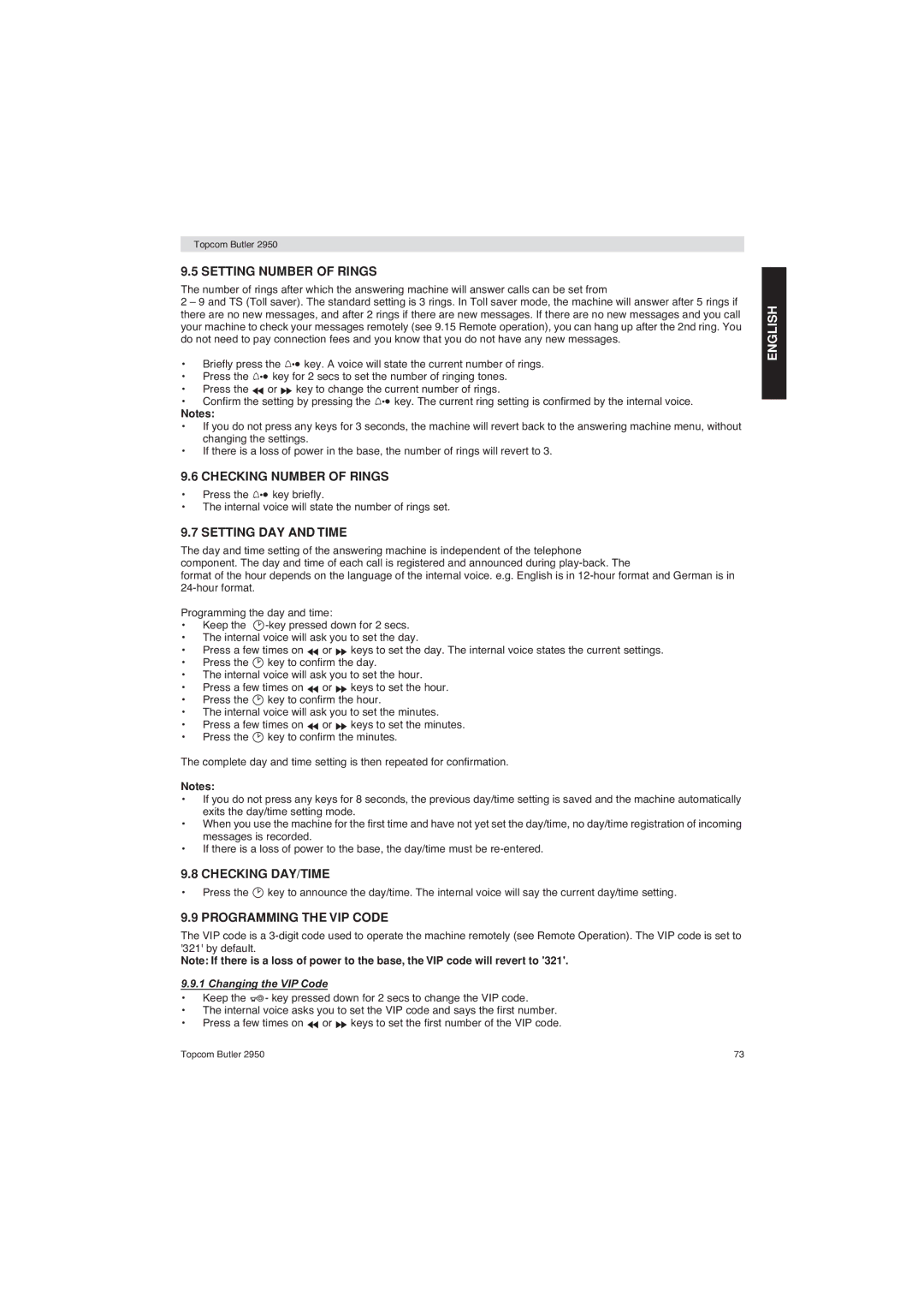 Topcom 2950 user manual Setting Number of Rings, Checking Number of Rings, Setting DAY and Time, Checking DAY/TIME 