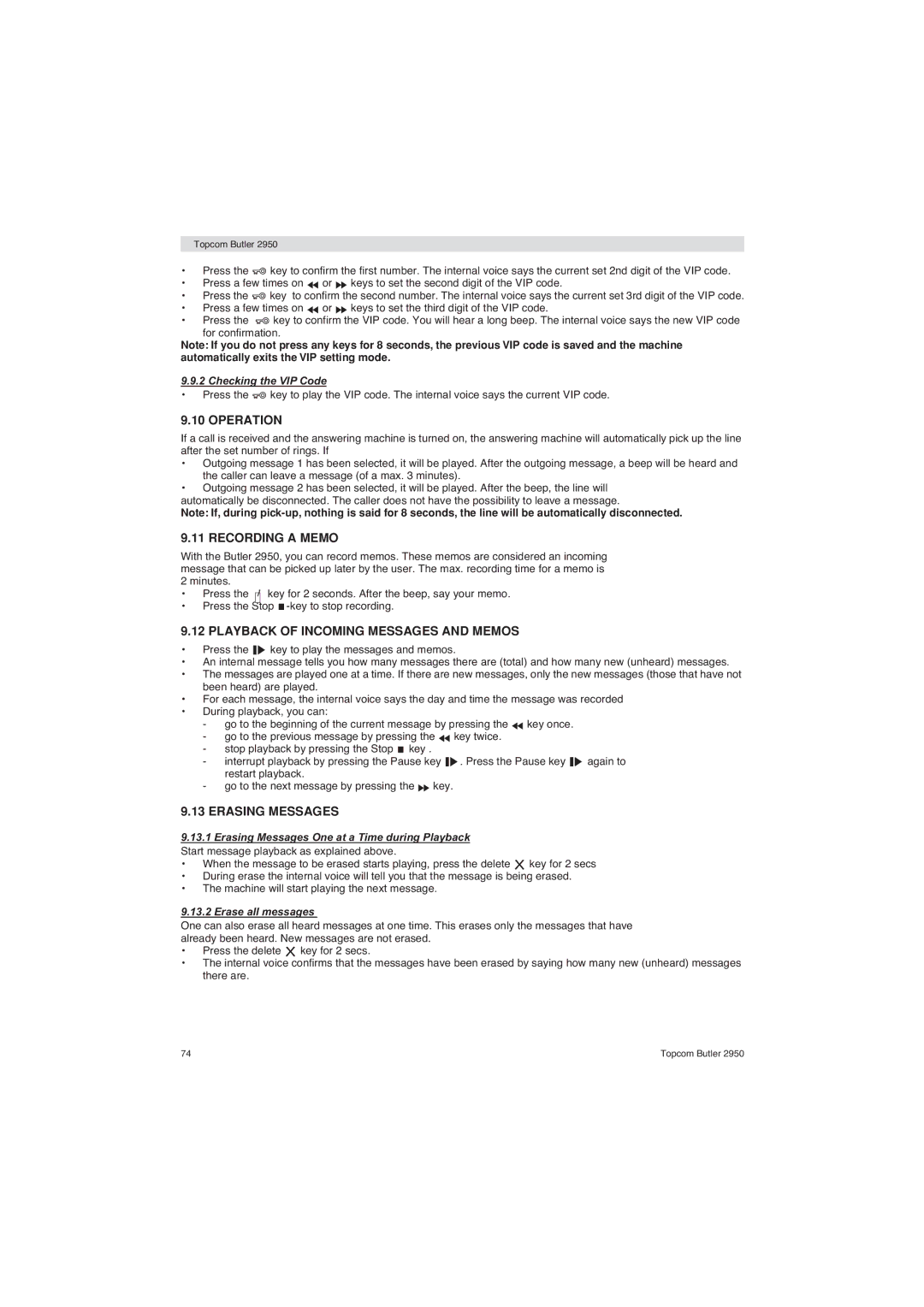 Topcom 2950 user manual Operation, Recording a Memo, Playback of Incoming Messages and Memos, Erasing Messages 