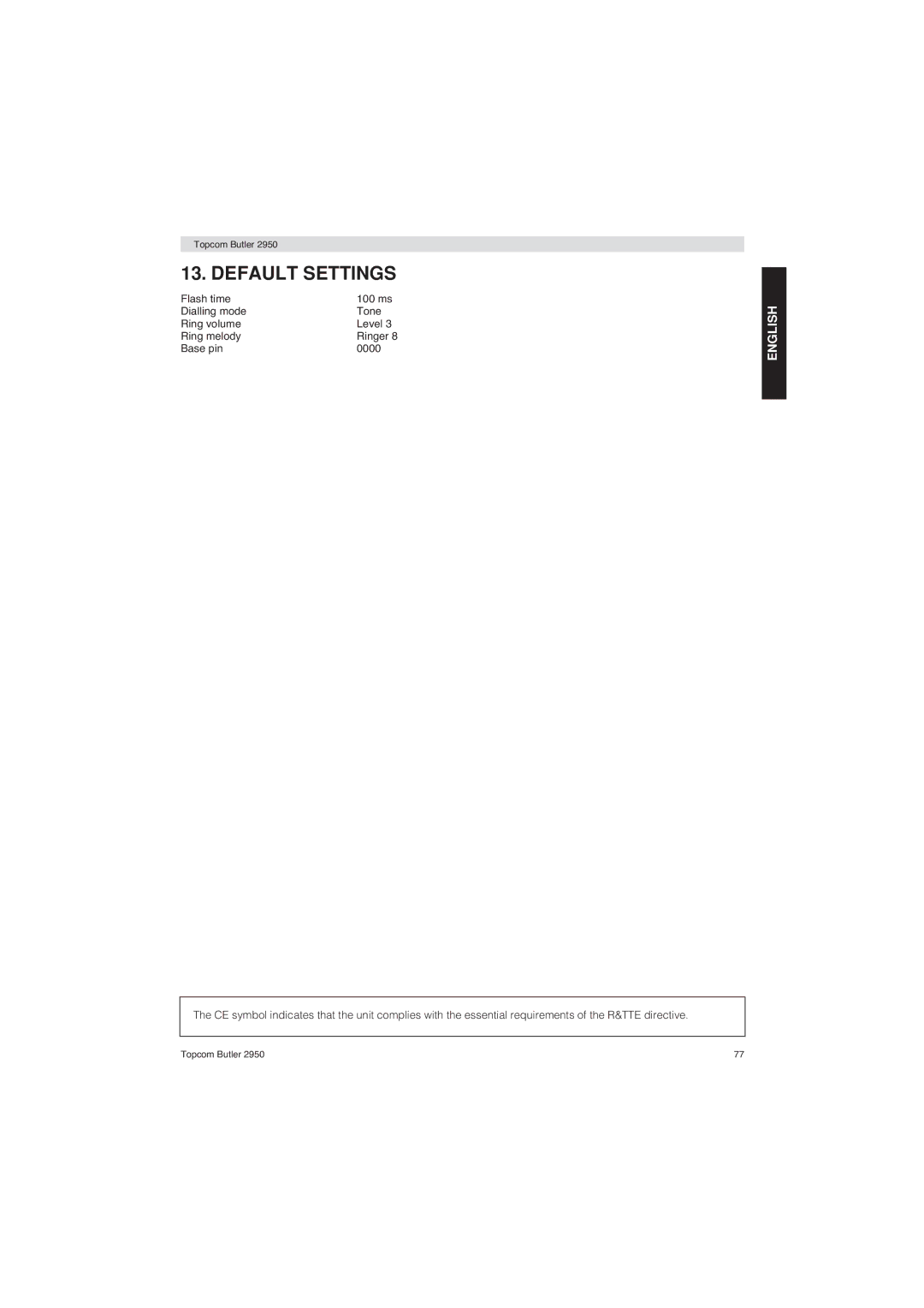 Topcom 2950 user manual Default Settings 