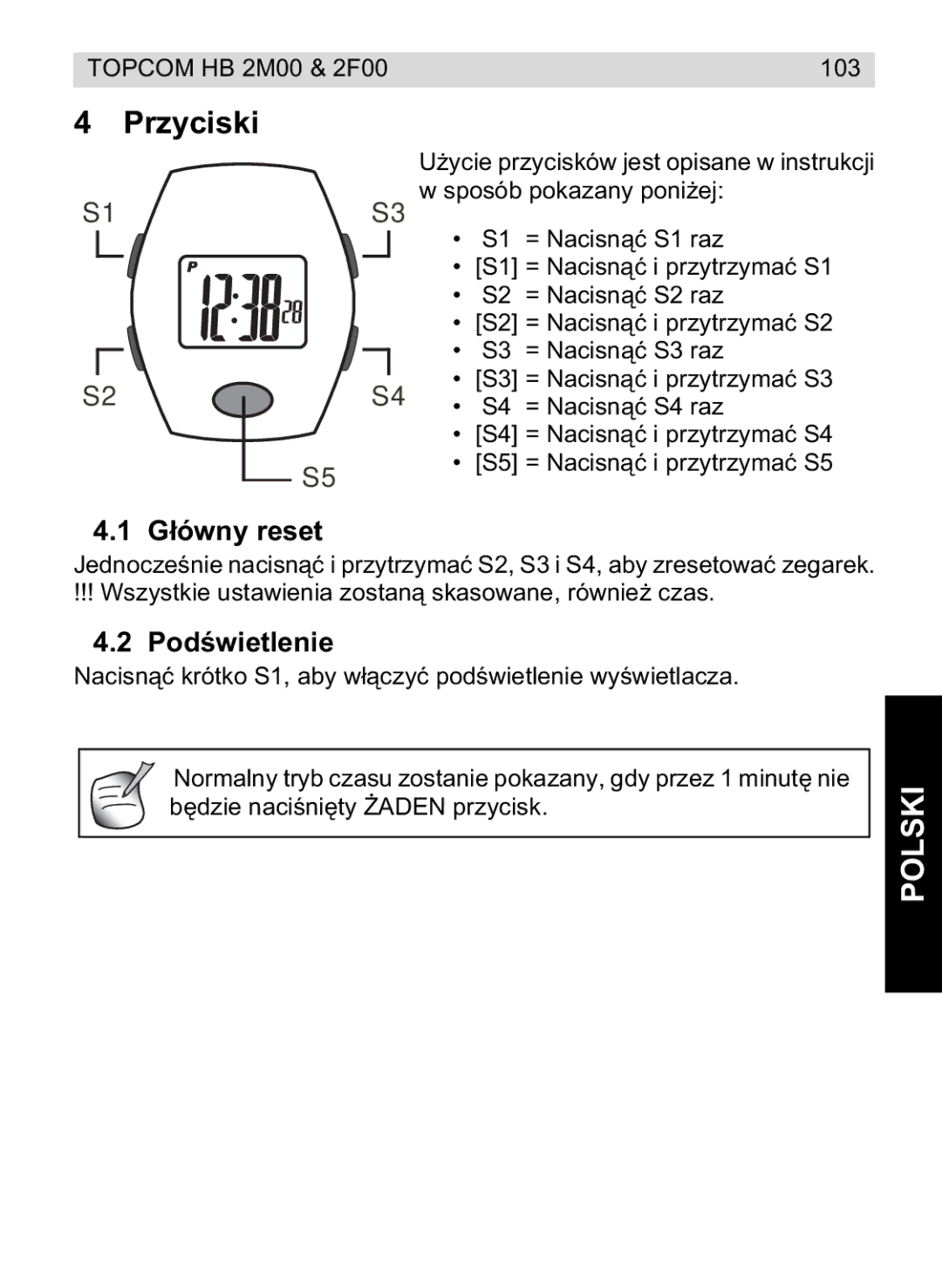 Topcom 4M00, 2F00 manual do utilizador Przyciski, Polski, Gy reset, Pod 