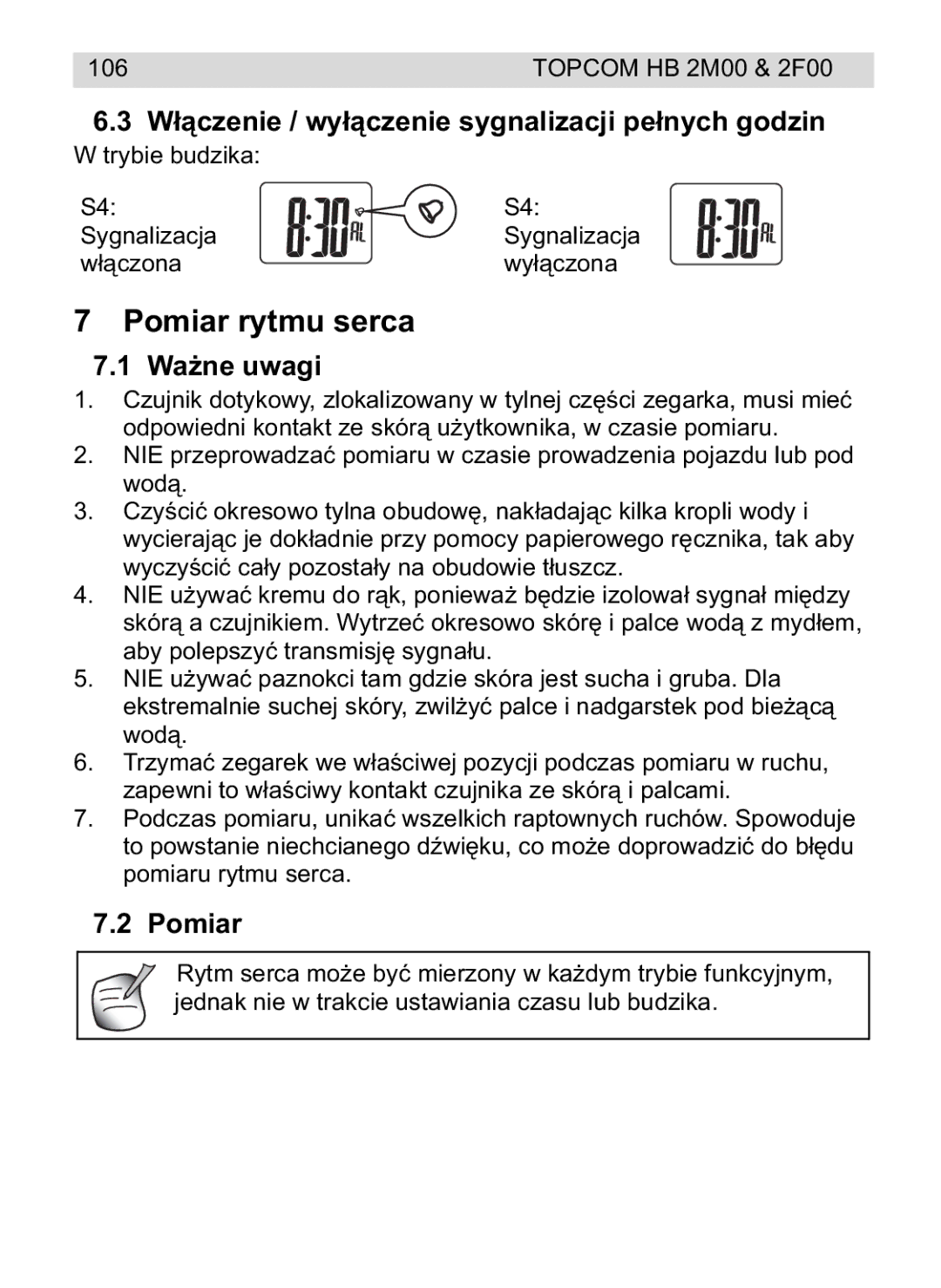 Topcom 2F00, 4M00 manual do utilizador Pomiar rytmu serca, We / wynie sygnalizacji peh godzin, Wawagi 