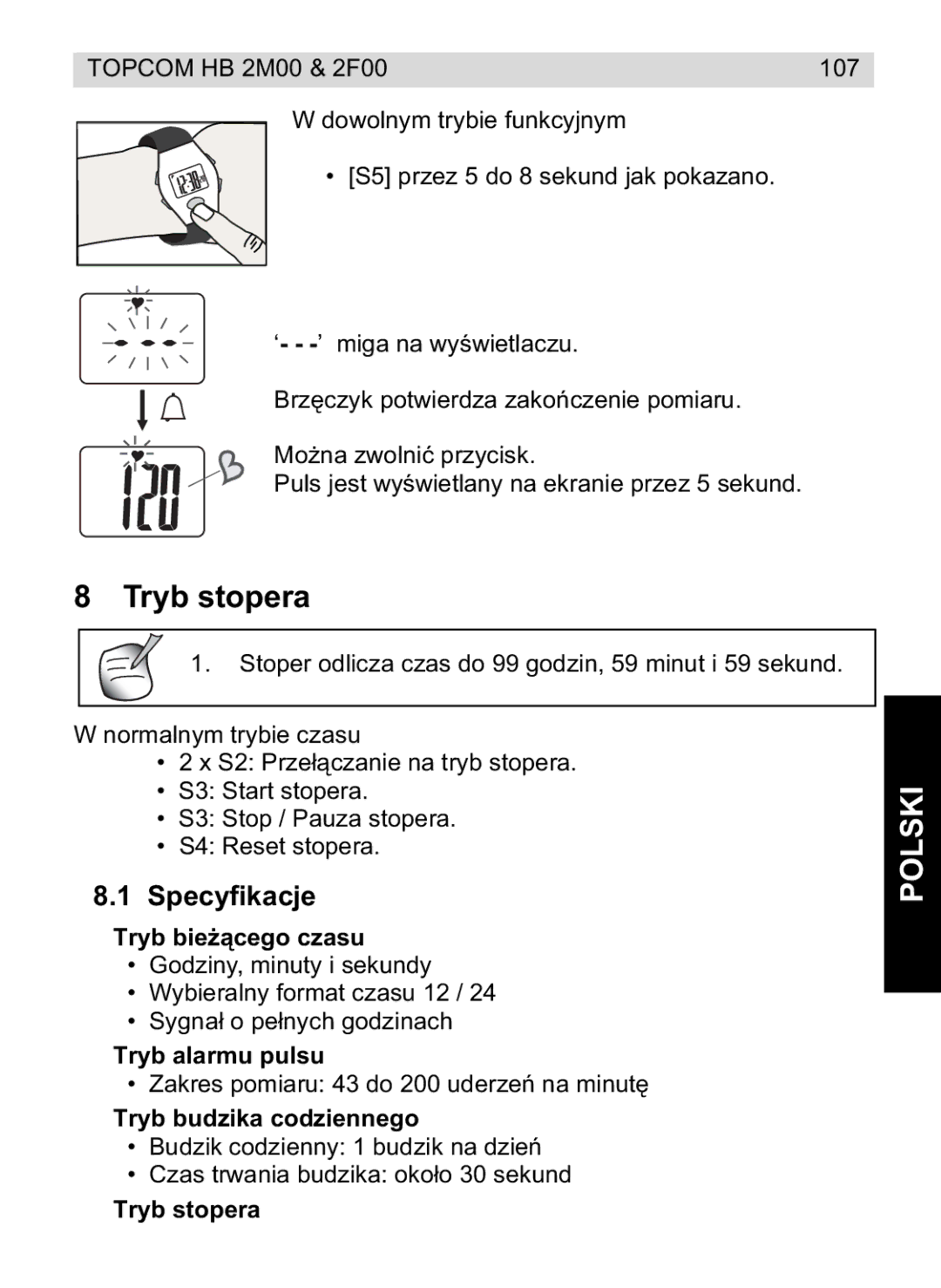 Topcom 4M00, 2F00 manual do utilizador Tryb stopera, Specyfikacje 