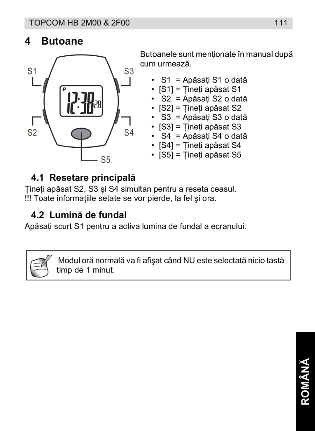 Topcom 4M00, 2F00 manual do utilizador Butoane, Român, Lumine fundal 