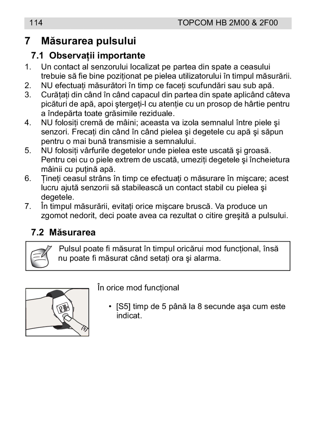 Topcom 2F00, 4M00 manual do utilizador Msurarea pulsului, Observartante, Murarea 