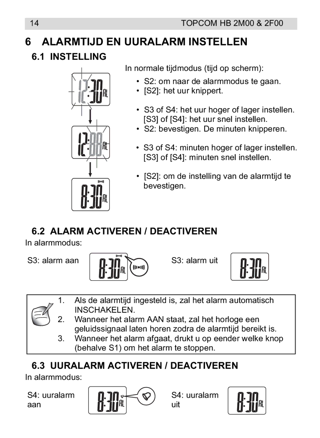 Topcom 2F00 Alarmtijd EN Uuralarm Instellen, Instelling, Alarm Activeren / Deactiveren, Uuralarm Activeren / Deactiveren 