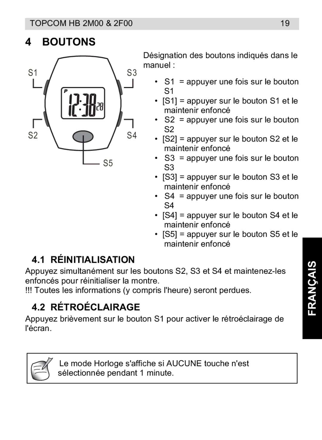 Topcom 4M00, 2F00 manual do utilizador Boutons, Français, Réinitialisation, Rétroéclairage 