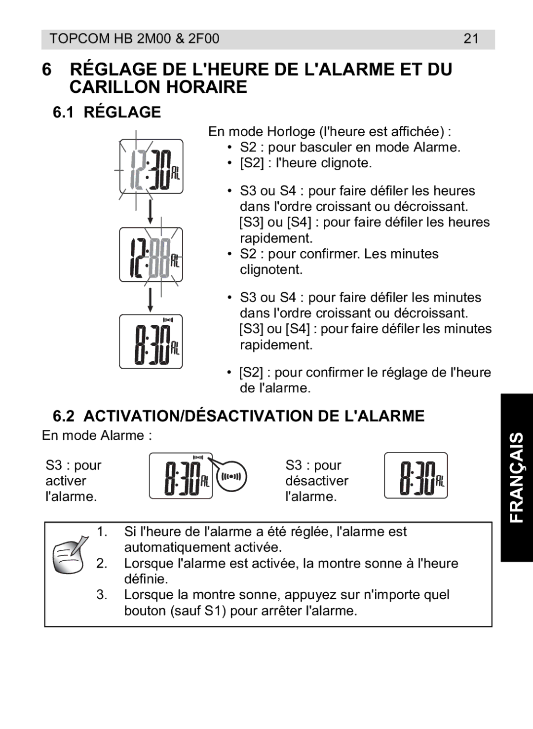 Topcom 4M00, 2F00 Réglage DE Lheure DE Lalarme ET DU Carillon Horaire, ACTIVATION/DÉSACTIVATION DE Lalarme 