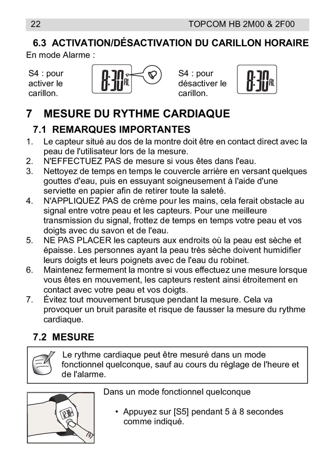 Topcom 2F00, 4M00 Mesure DU Rythme Cardiaque, ACTIVATION/DÉSACTIVATION DU Carillon Horaire, Remarques Importantes 