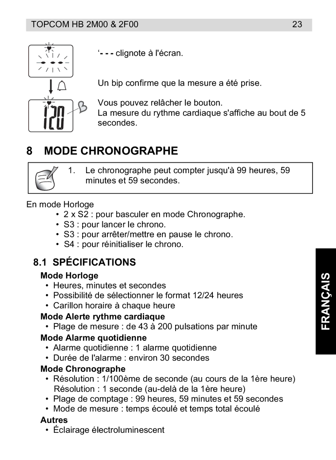 Topcom 4M00, 2F00 manual do utilizador Mode Chronographe, Spécifications 