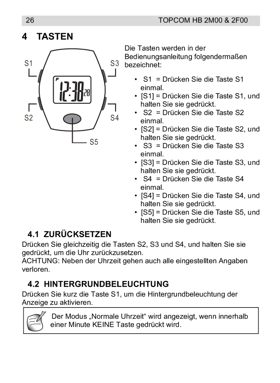 Topcom 2F00, 4M00 manual do utilizador Tasten, Zurücksetzen, Hintergrundbeleuchtung 