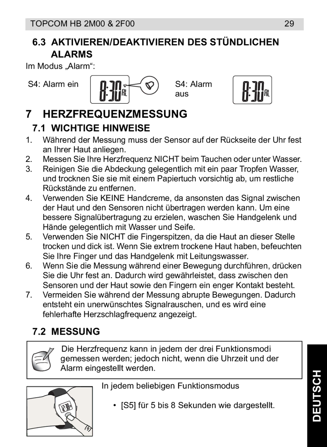 Topcom 4M00, 2F00 Herzfrequenzmessung, AKTIVIEREN/DEAKTIVIEREN DES Stündlichen Alarms, Wichtige Hinweise, Messung 