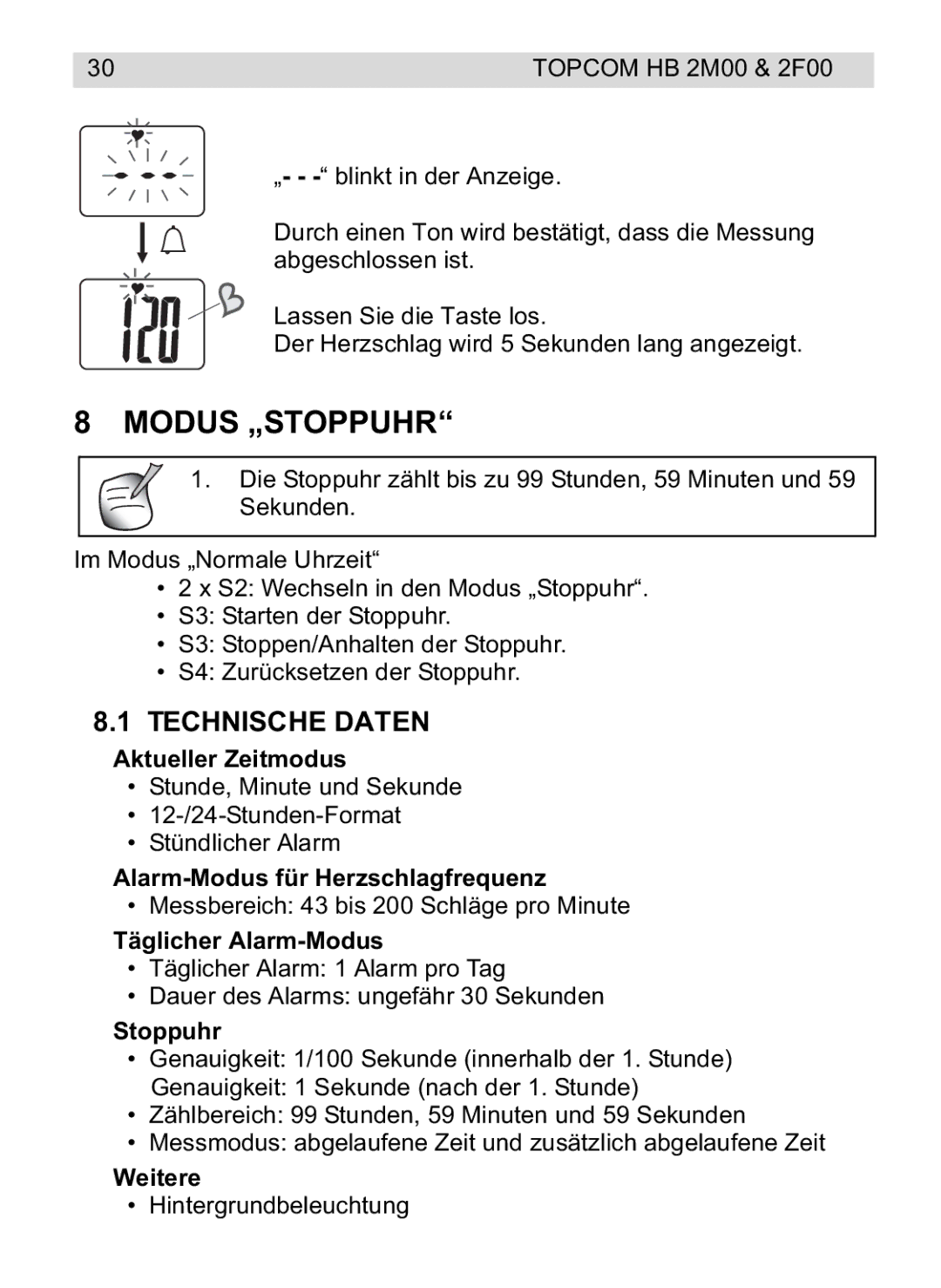 Topcom 2F00, 4M00 manual do utilizador Modus „STOPPUHR, Technische Daten 