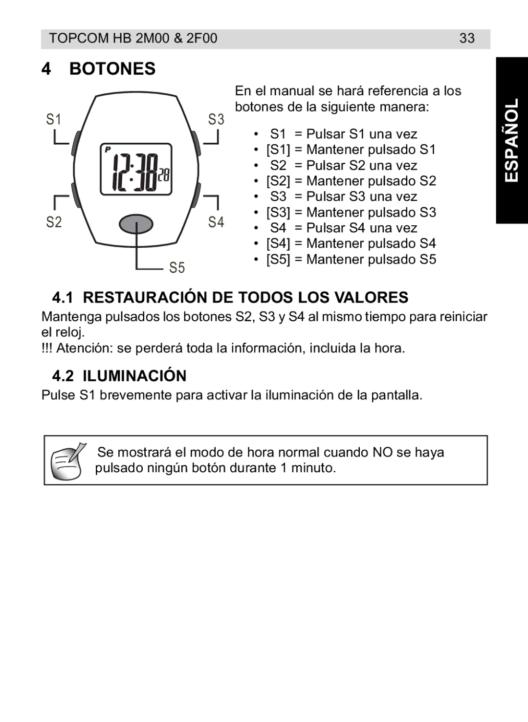 Topcom 4M00, 2F00 manual do utilizador Botones, Español, Restauración DE Todos LOS Valores, Iluminación 