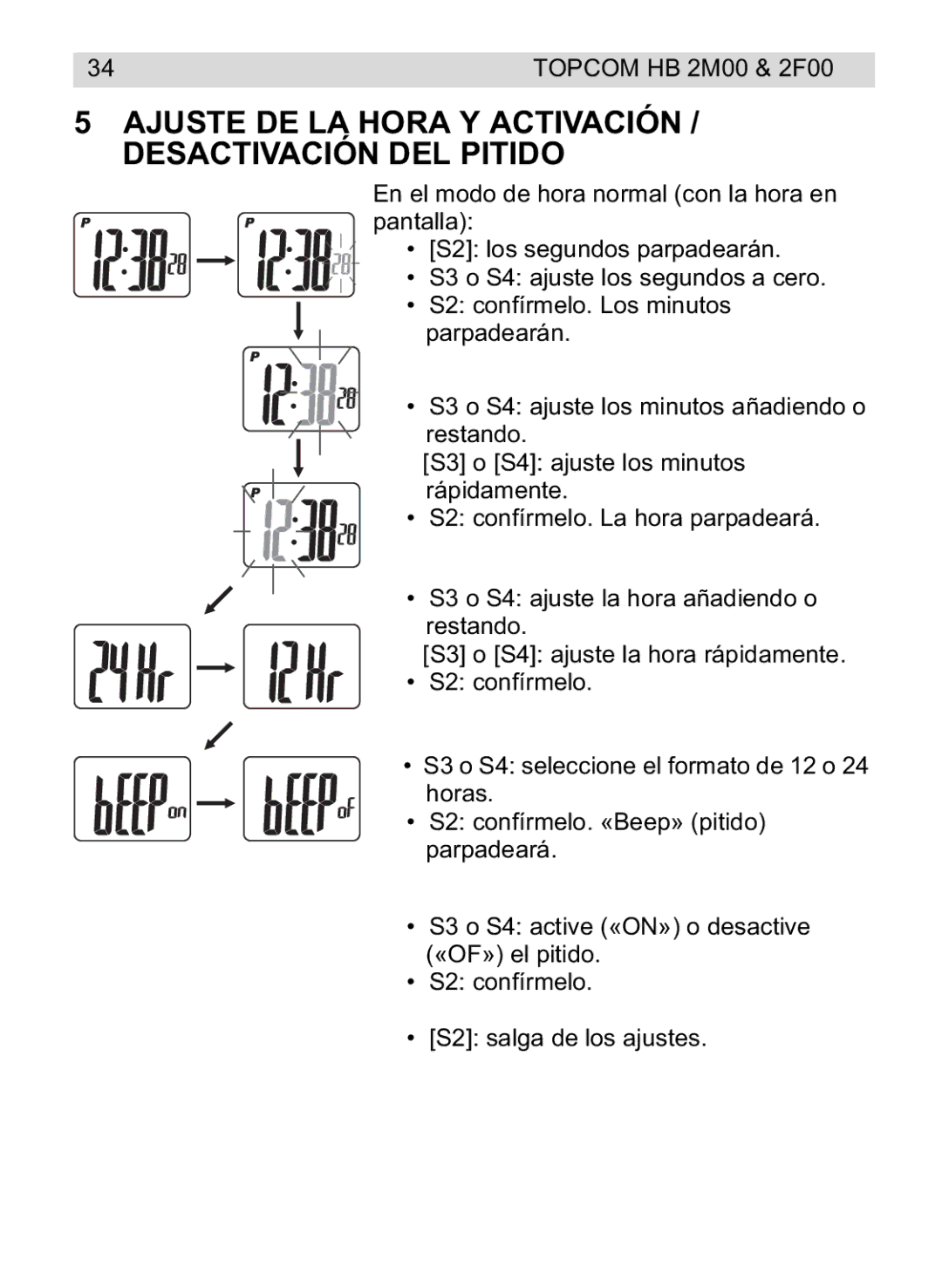 Topcom 2F00, 4M00 manual do utilizador Ajuste DE LA Hora Y Activación / Desactivación DEL Pitido 