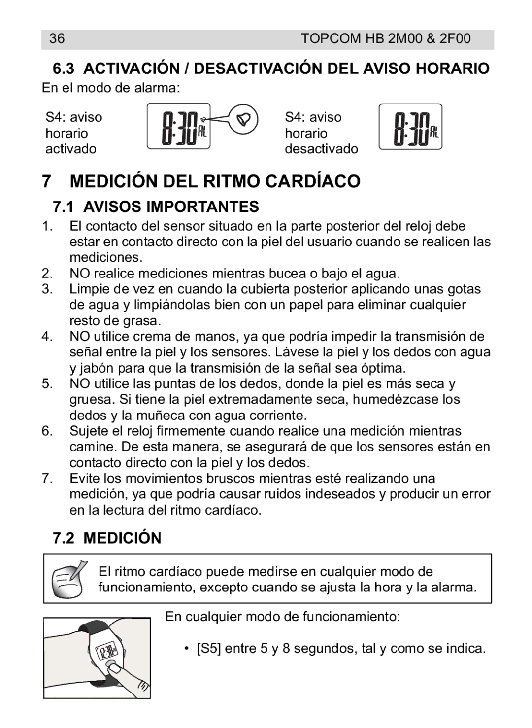 Topcom 2F00, 4M00 Medición DEL Ritmo Cardíaco, Activación / Desactivación DEL Aviso Horario, Avisos Importantes 