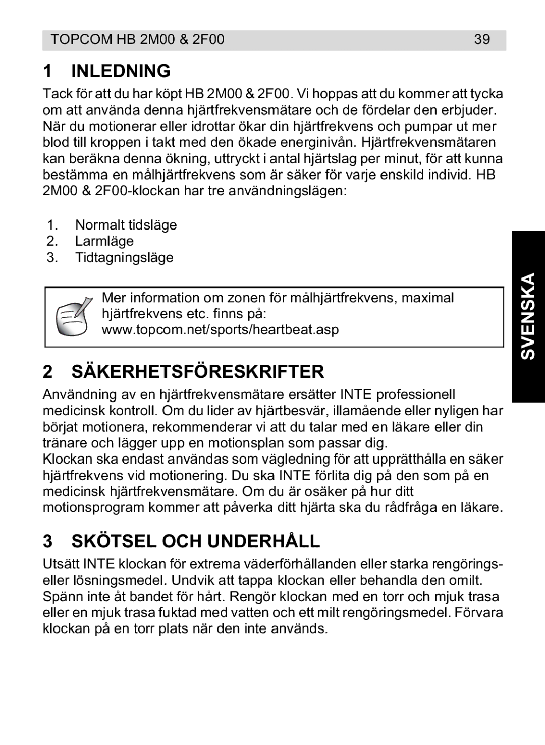 Topcom 4M00, 2F00 manual do utilizador Inledning, Säkerhetsföreskrifter, Skötsel OCH Underhåll, Svenska 