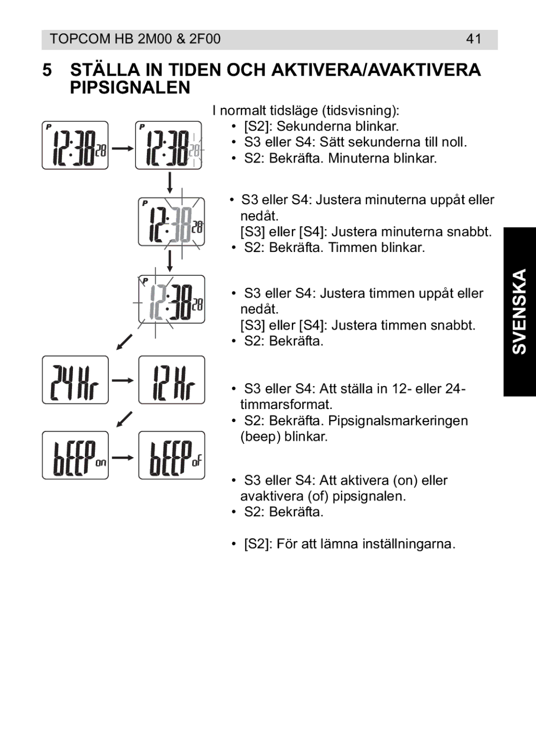 Topcom 4M00, 2F00 manual do utilizador Ställa in Tiden OCH AKTIVERA/AVAKTIVERA Pipsignalen 