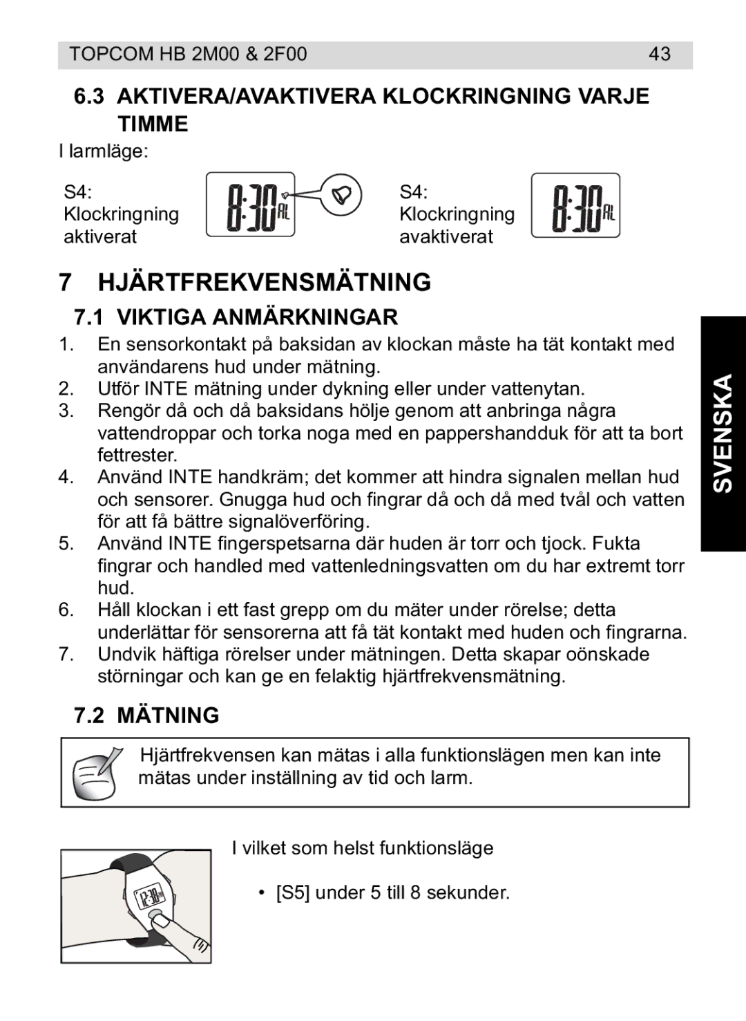 Topcom 4M00, 2F00 Hjärtfrekvensmätning, AKTIVERA/AVAKTIVERA Klockringning Varje Timme, Viktiga Anmärkningar, Mätning 