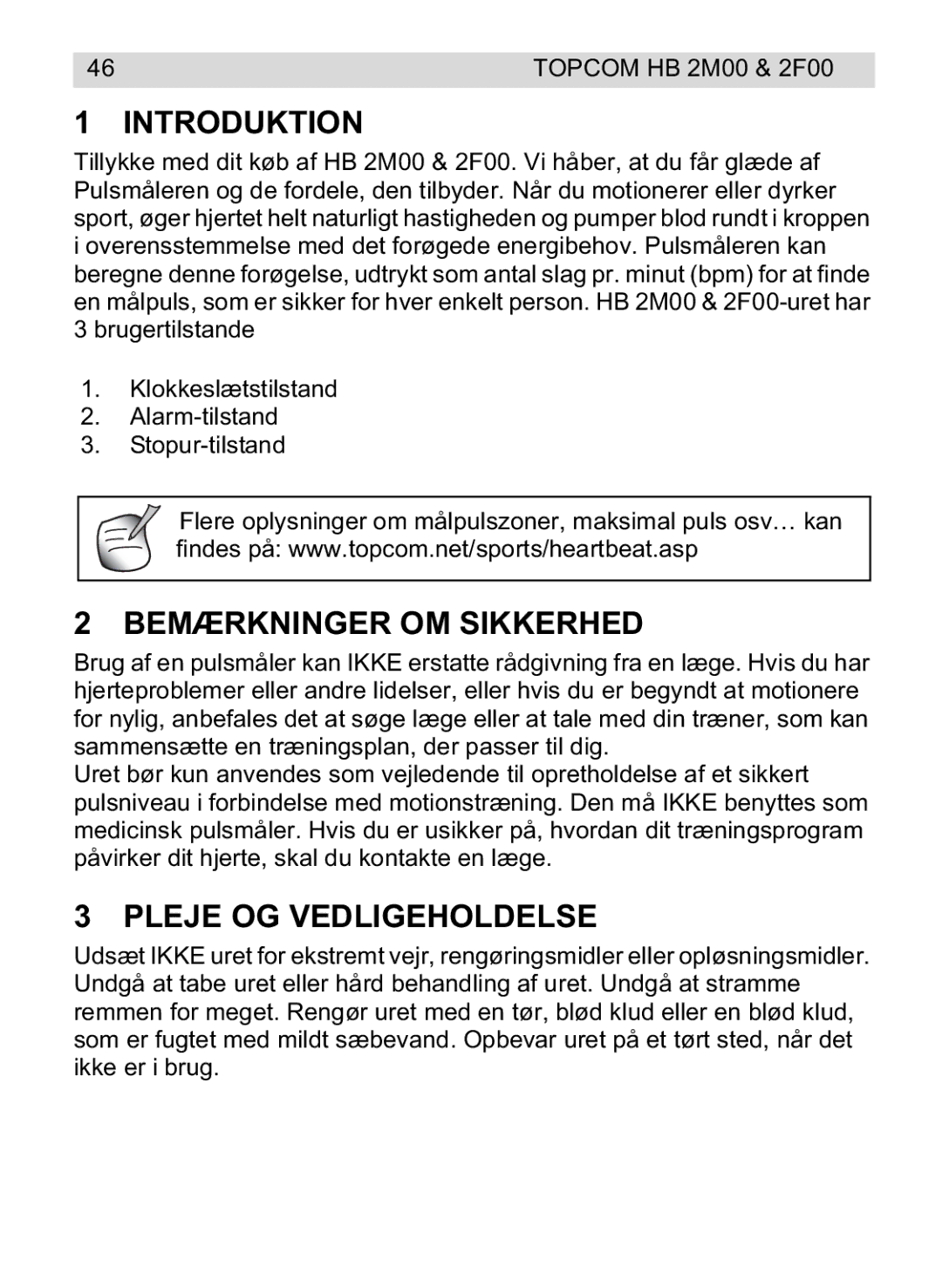 Topcom 2F00, 4M00 manual do utilizador Introduktion, Bemærkninger OM Sikkerhed, Pleje OG Vedligeholdelse 