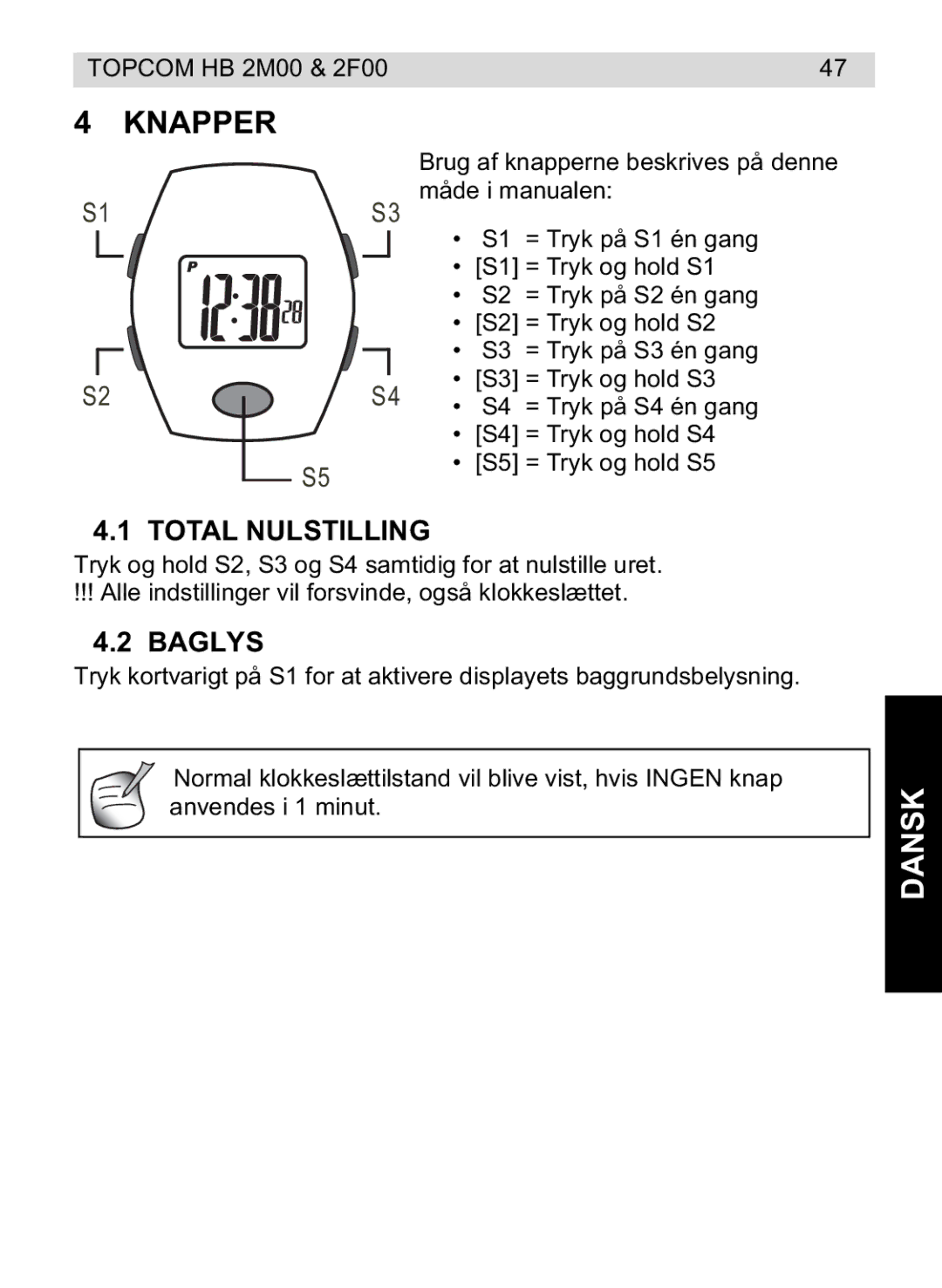 Topcom 4M00, 2F00 manual do utilizador Knapper, Dansk, Total Nulstilling, Baglys 