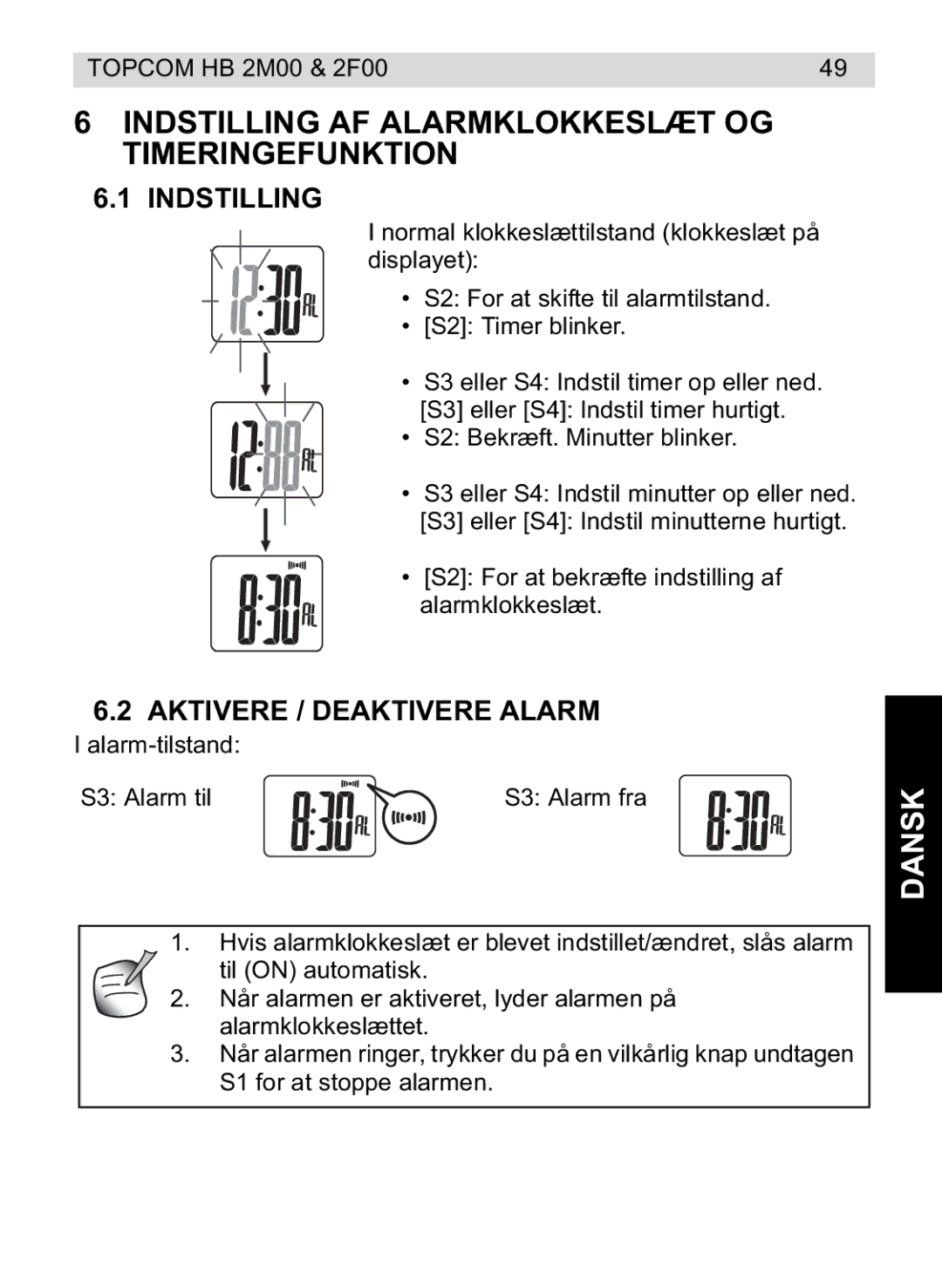 Topcom 4M00, 2F00 manual do utilizador Indstilling AF Alarmklokkeslæt OG Timeringefunktion, Aktivere / Deaktivere Alarm 