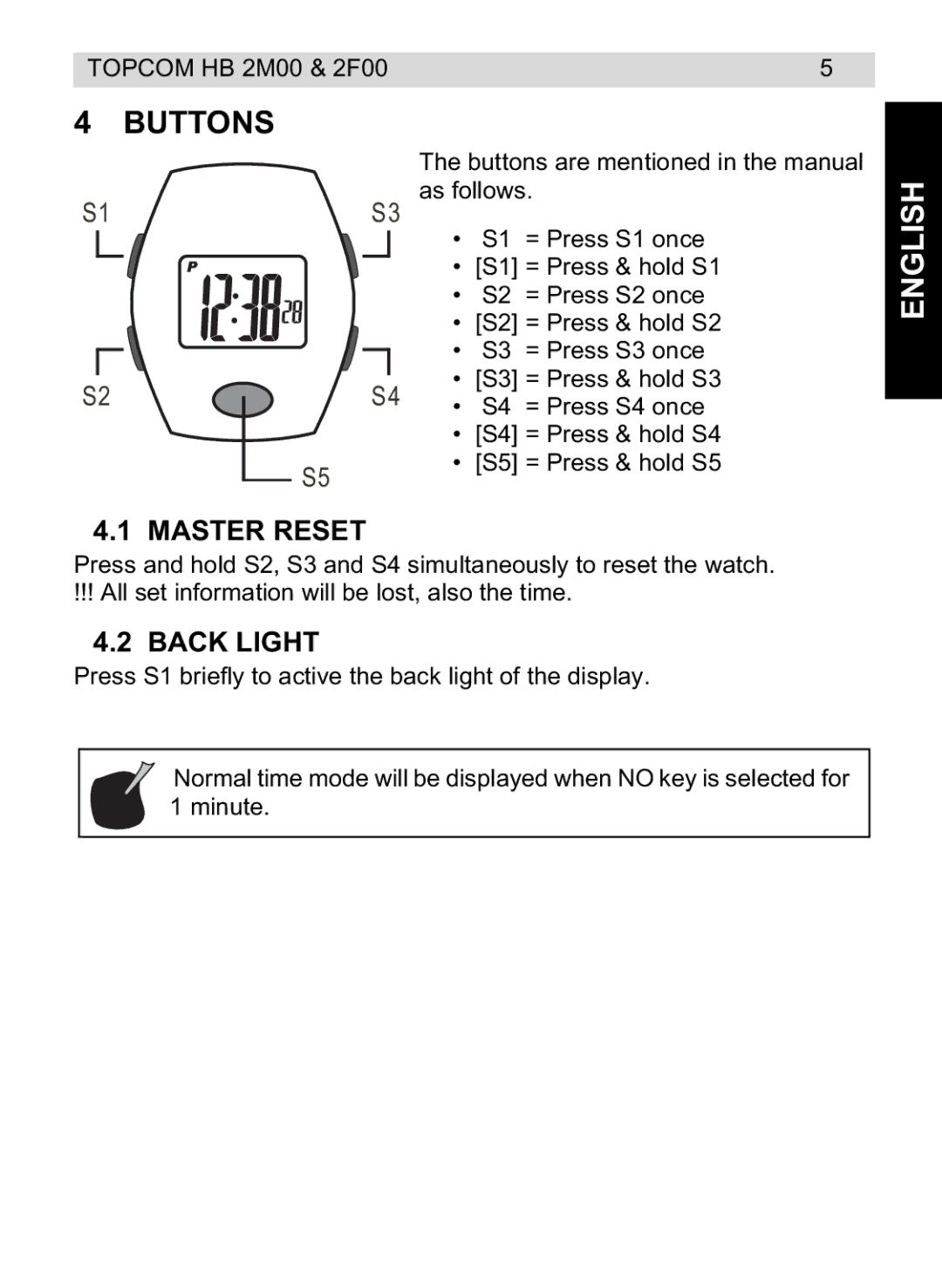 Topcom 4M00, 2F00 manual do utilizador Buttons, English, Master Reset, Back Light 