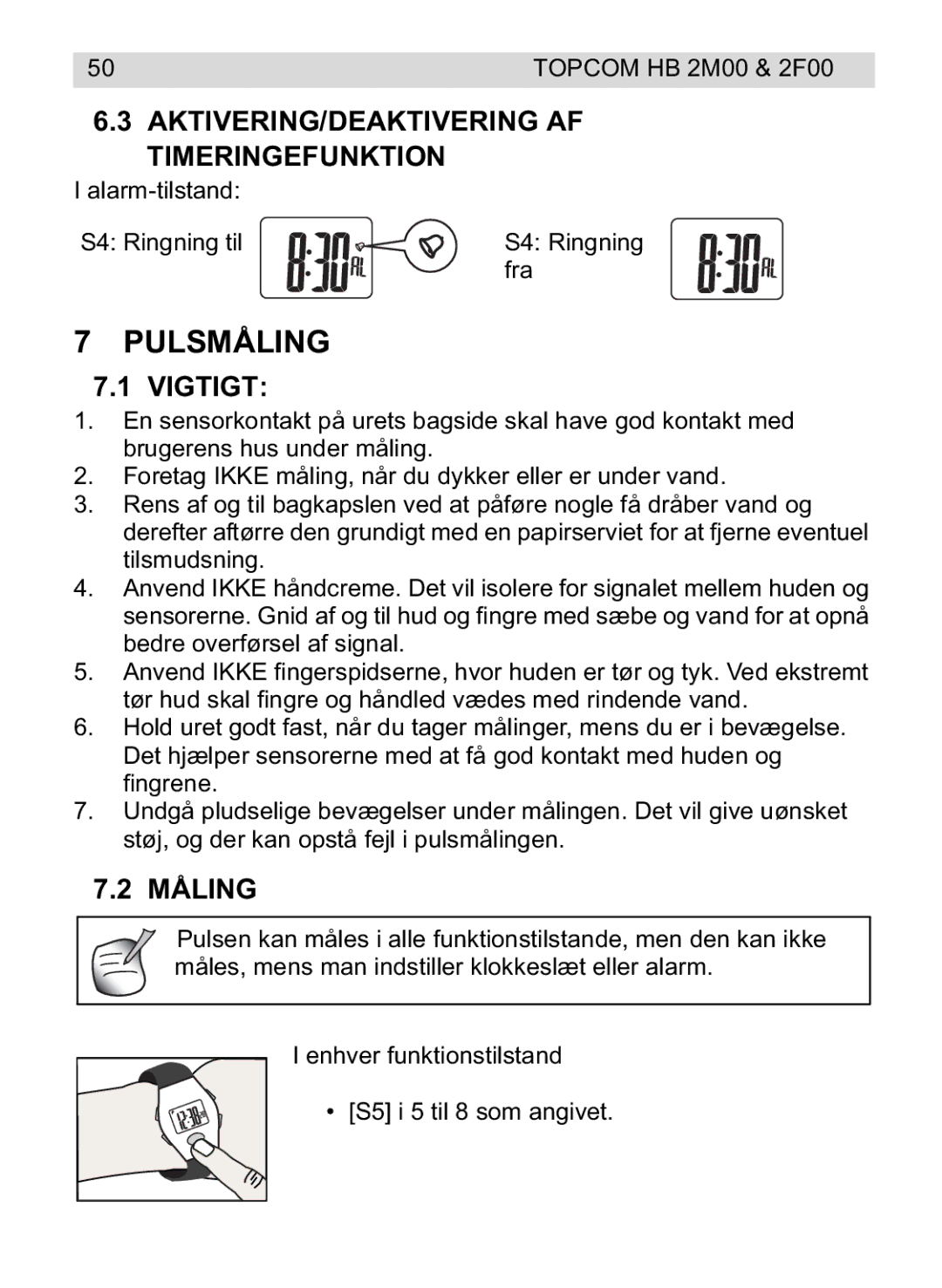 Topcom 2F00, 4M00 manual do utilizador Pulsmåling, AKTIVERING/DEAKTIVERING AF Timeringefunktion, Vigtigt, Måling 