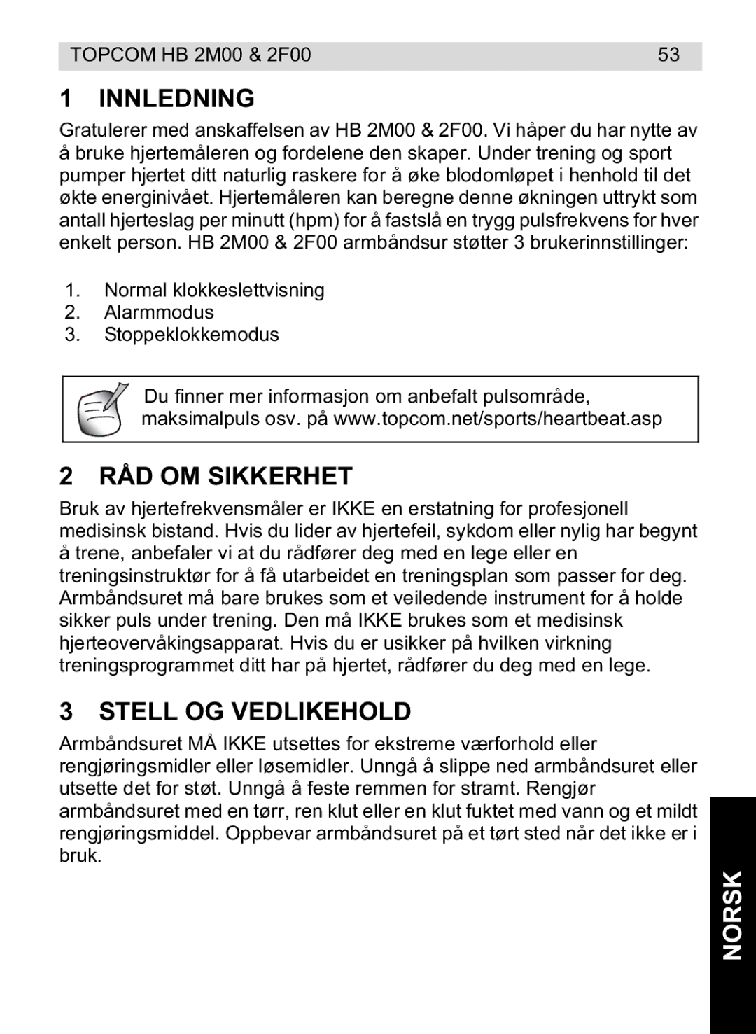 Topcom 4M00, 2F00 manual do utilizador Innledning, RÅD OM Sikkerhet, Stell OG Vedlikehold, Norsk 