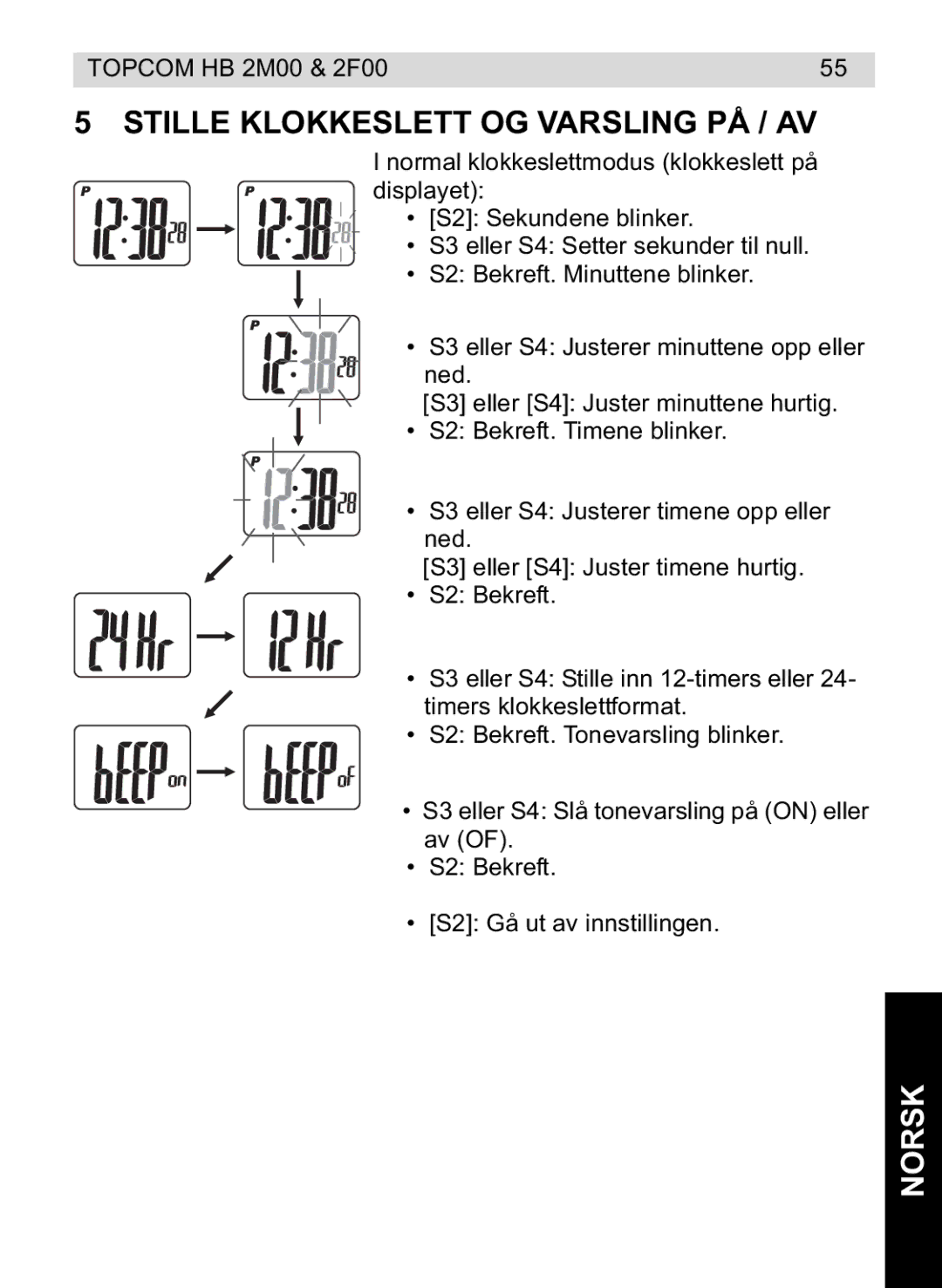 Topcom 4M00, 2F00 manual do utilizador Stille Klokkeslett OG Varsling PÅ / AV 