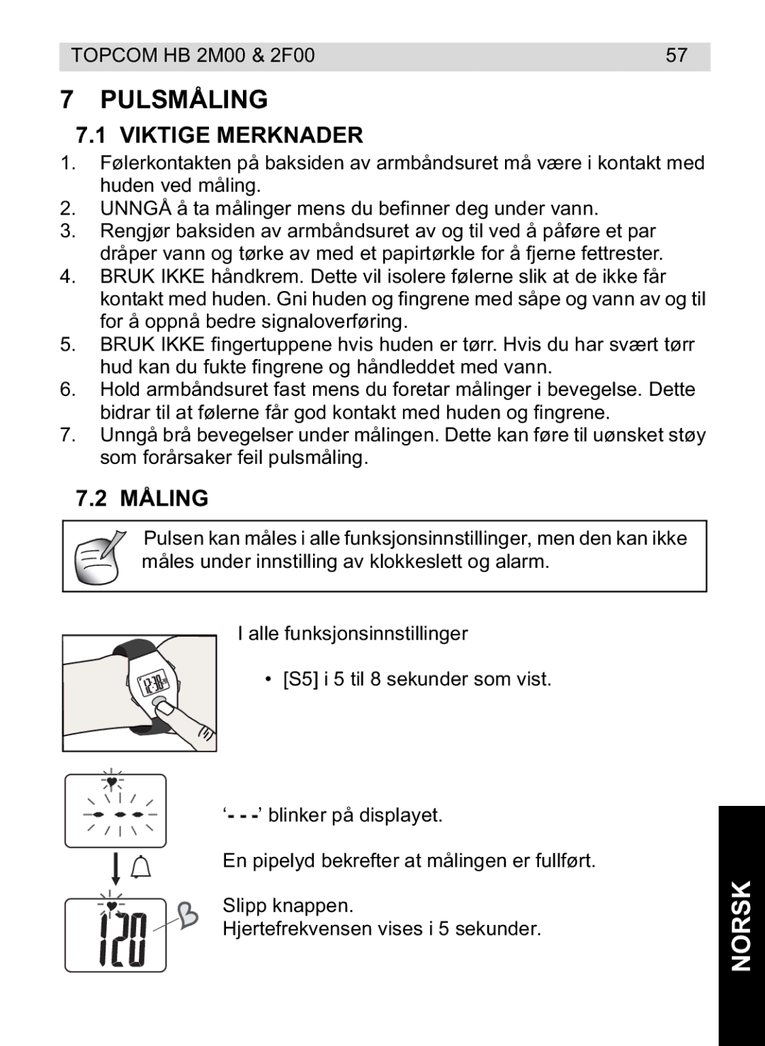 Topcom 4M00, 2F00 manual do utilizador Pulsmåling, Viktige Merknader 