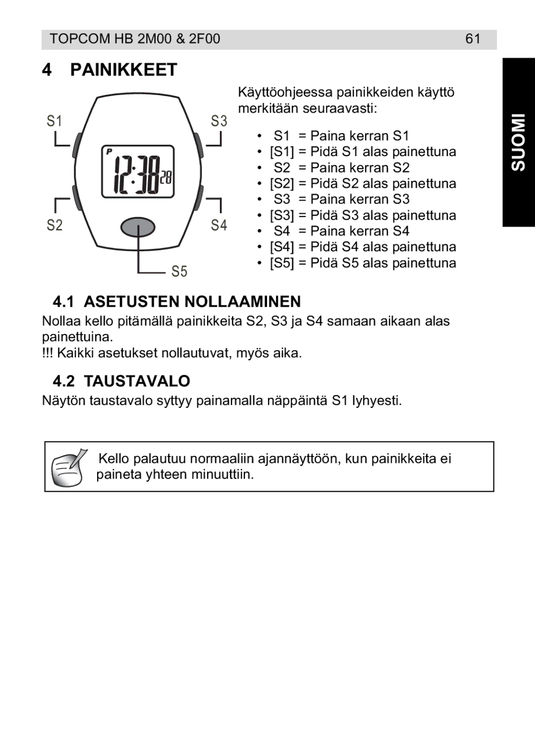 Topcom 4M00, 2F00 manual do utilizador Painikkeet, Suomi, Asetusten Nollaaminen, Taustavalo 