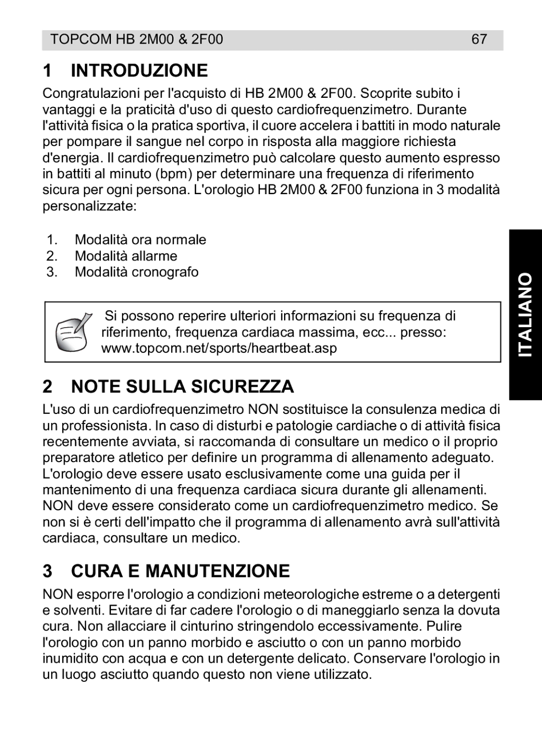 Topcom 4M00, 2F00 manual do utilizador Introduzione, Cura E Manutenzione, Italiano 