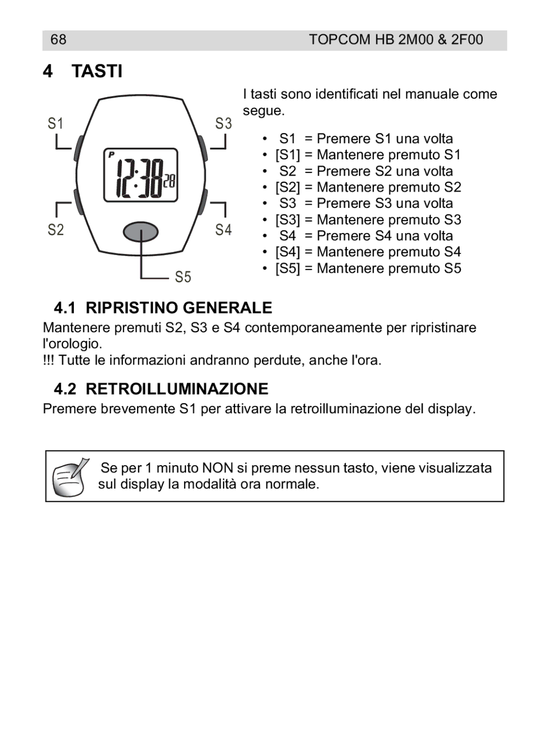 Topcom 2F00, 4M00 manual do utilizador Tasti, Ripristino Generale, Retroilluminazione 