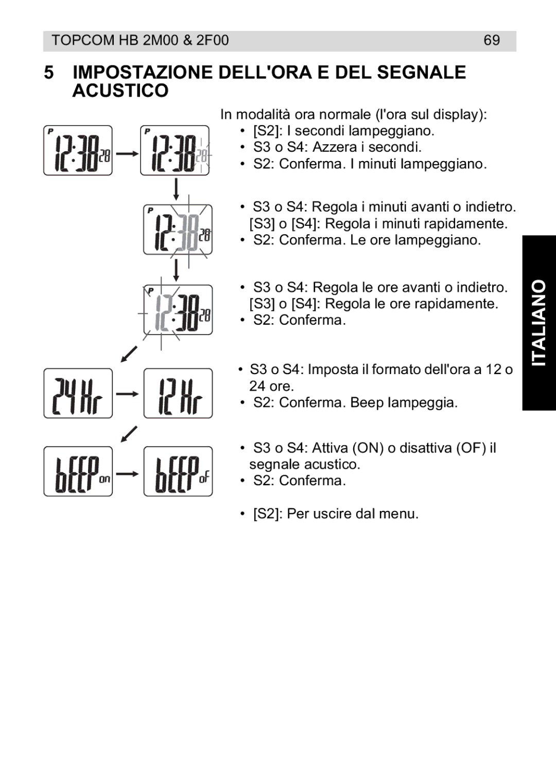 Topcom 4M00, 2F00 manual do utilizador Impostazione Dellora E DEL Segnale Acustico 