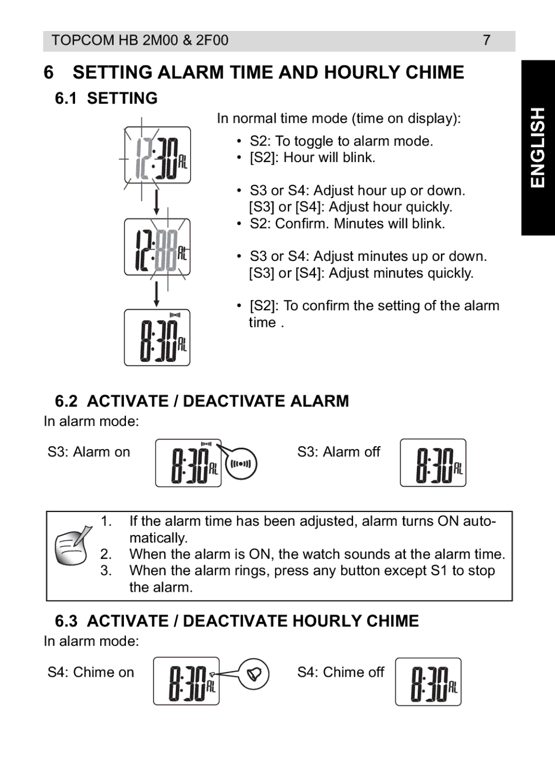 Topcom 4M00, 2F00 Setting Alarm Time and Hourly Chime, Activate / Deactivate Alarm, Activate / Deactivate Hourly Chime 