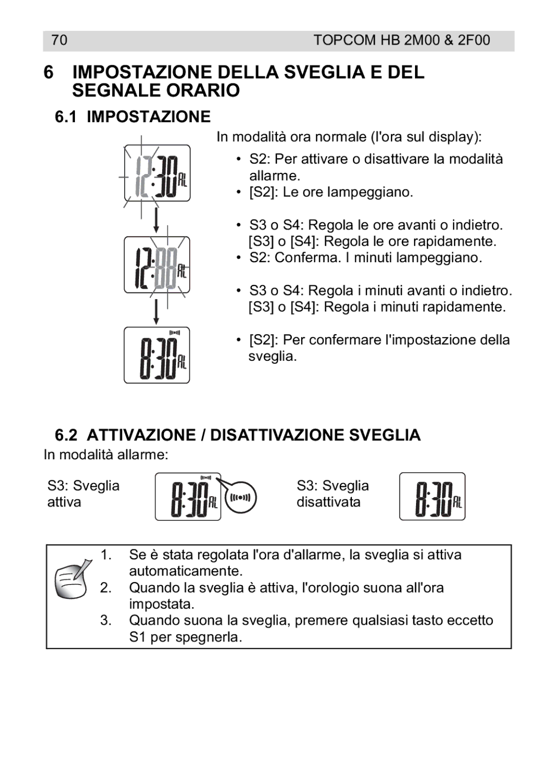 Topcom 2F00, 4M00 manual do utilizador Impostazione Della Sveglia E DEL Segnale Orario, Attivazione / Disattivazione Sveglia 