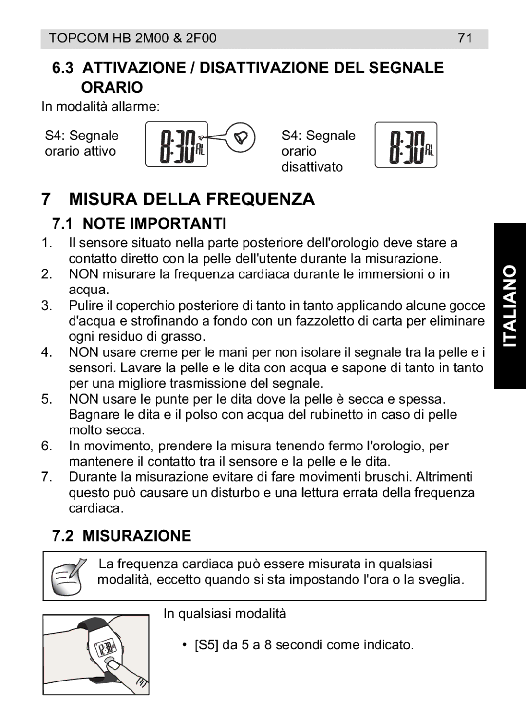 Topcom 4M00, 2F00 manual do utilizador Misura Della Frequenza, Attivazione / Disattivazione DEL Segnale Orario, Misurazione 